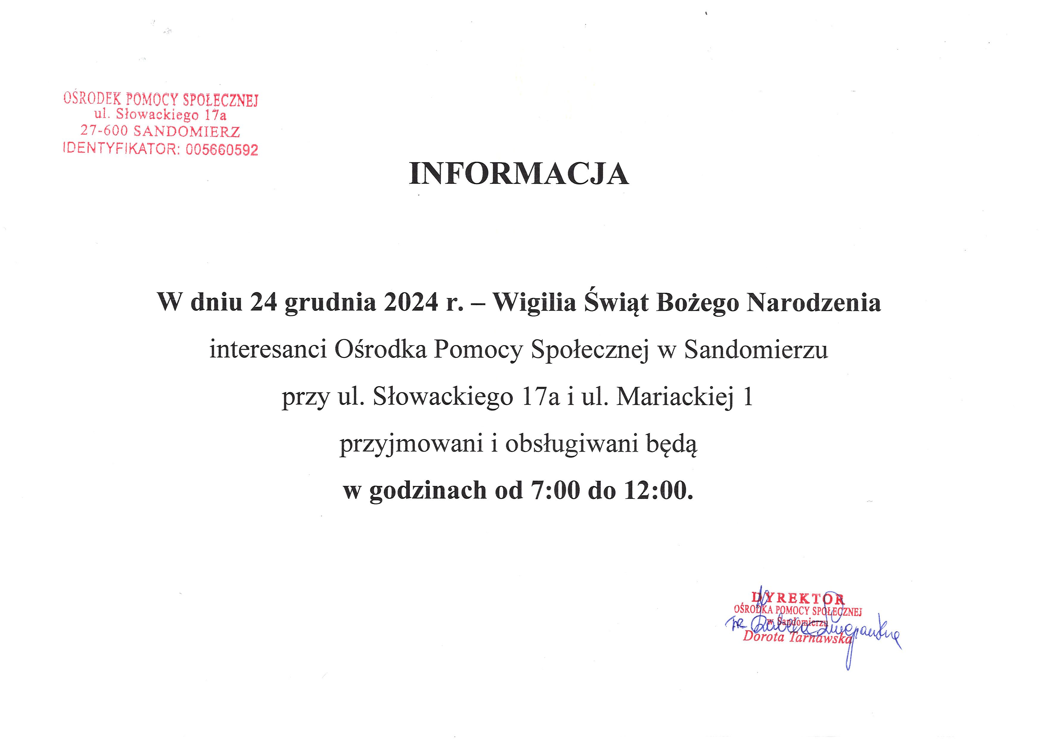 Informacja dot. godzin pracy w&nbsp;dniu 24.12.2024r.