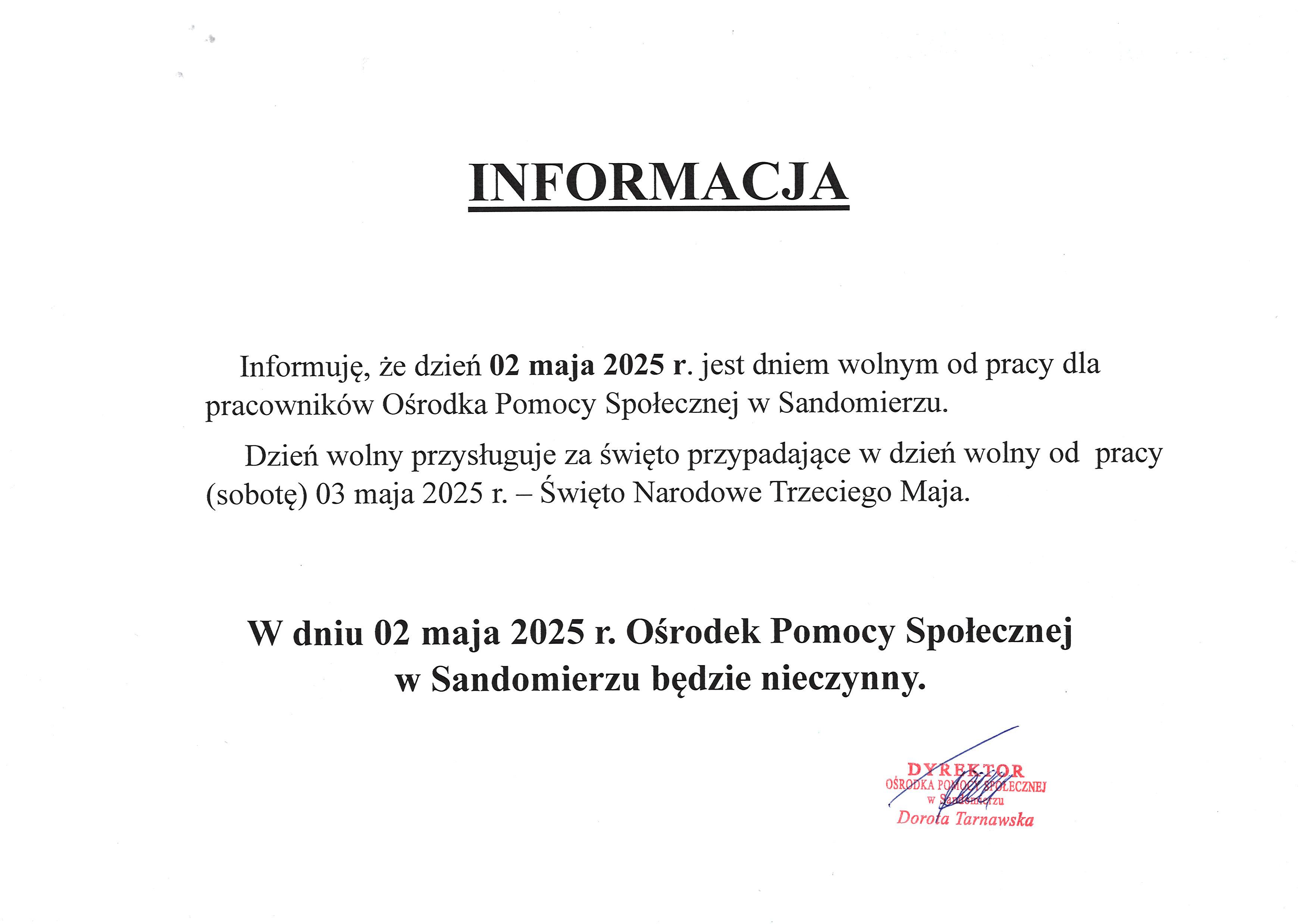 Informacja dot. dnia wolnego od pracy