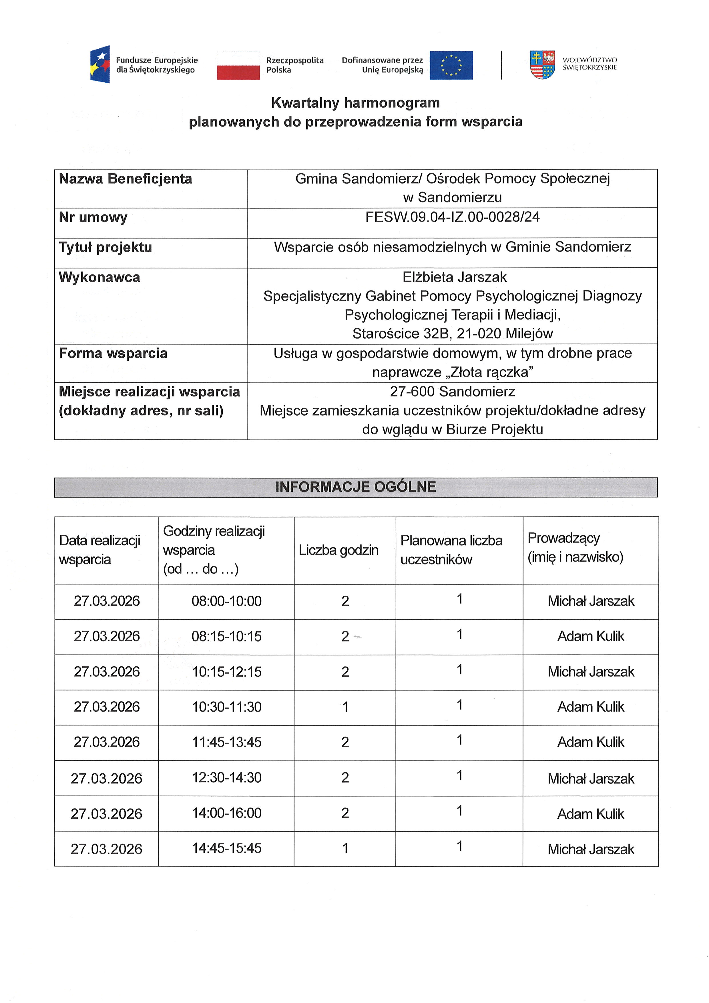 Kwartalny harmonogram planowanych do przeprowadzenia form wsparcia - Usługa w&nbsp;gospodarstwie domowym - Złota rączka - marzec 2026