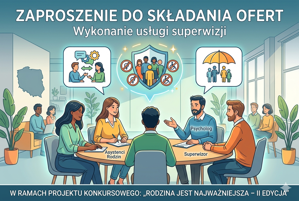 Zaproszenie do składania ofert Wykonanie usługi superwizji dla dw&oacute;ch Asystent&oacute;w Rodzin i&nbsp;Psychologa z&nbsp;komponentem kształtowania postaw antydyskryminacyjnych i&nbsp;zapobiegania wszelkiego rodzaju dyskryminacji, w&nbsp;ramach projektu konkursowego &bdquo;Rodzina jest najważniejsza &ndash; II edycja&rdquo;