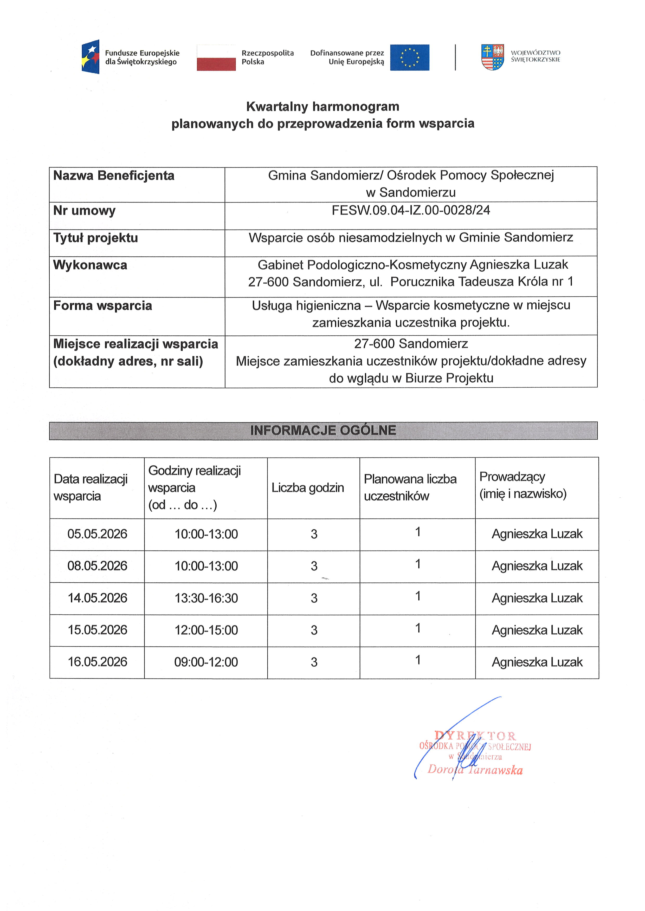 Kwartalny harmonogram planowanych do przeprowadzenia form wsparcia -Usługa higieniczna - Wsparcie kosmetyczne w&nbsp;miejscu zamieszkania uczestnika projektu.