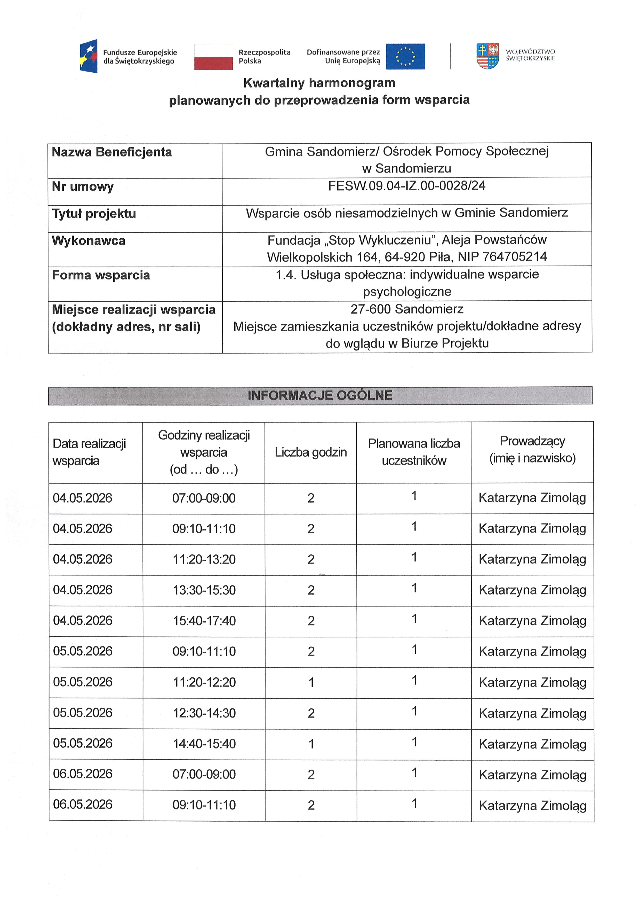 Kwartalny harmonogram planowanych do przeprowadzenia form wsparcia - 1.4. Usługa społeczna: indywidualne wsparcie psychologiczne - maj 2026