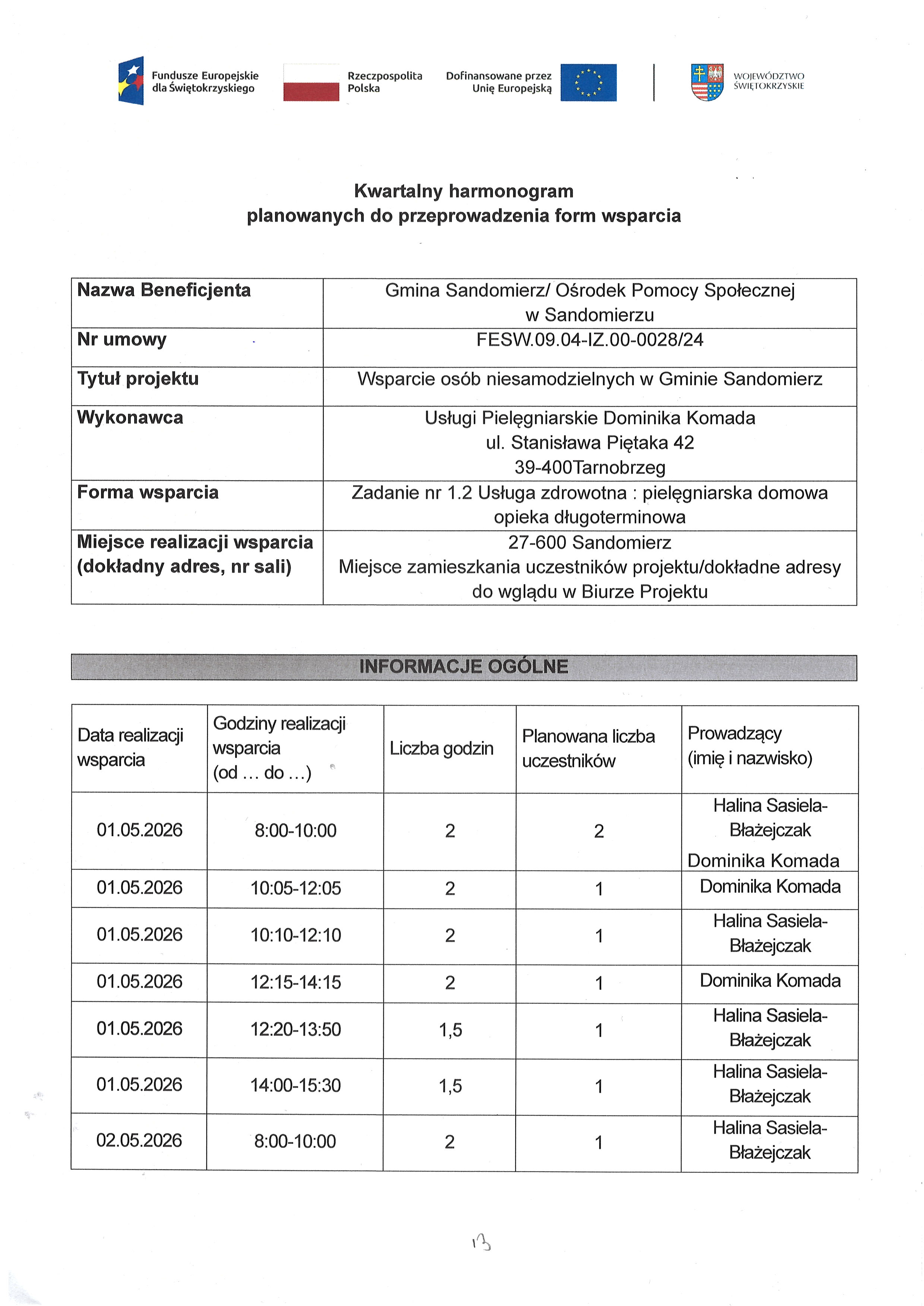 Kwartalny harmonogram planowanych do przeprowadzenia form wsparcia - Zadanie nr 1.2 Usługa zdrowotna : pielęgniarska domowa opieka długoterminowa - maj 2026