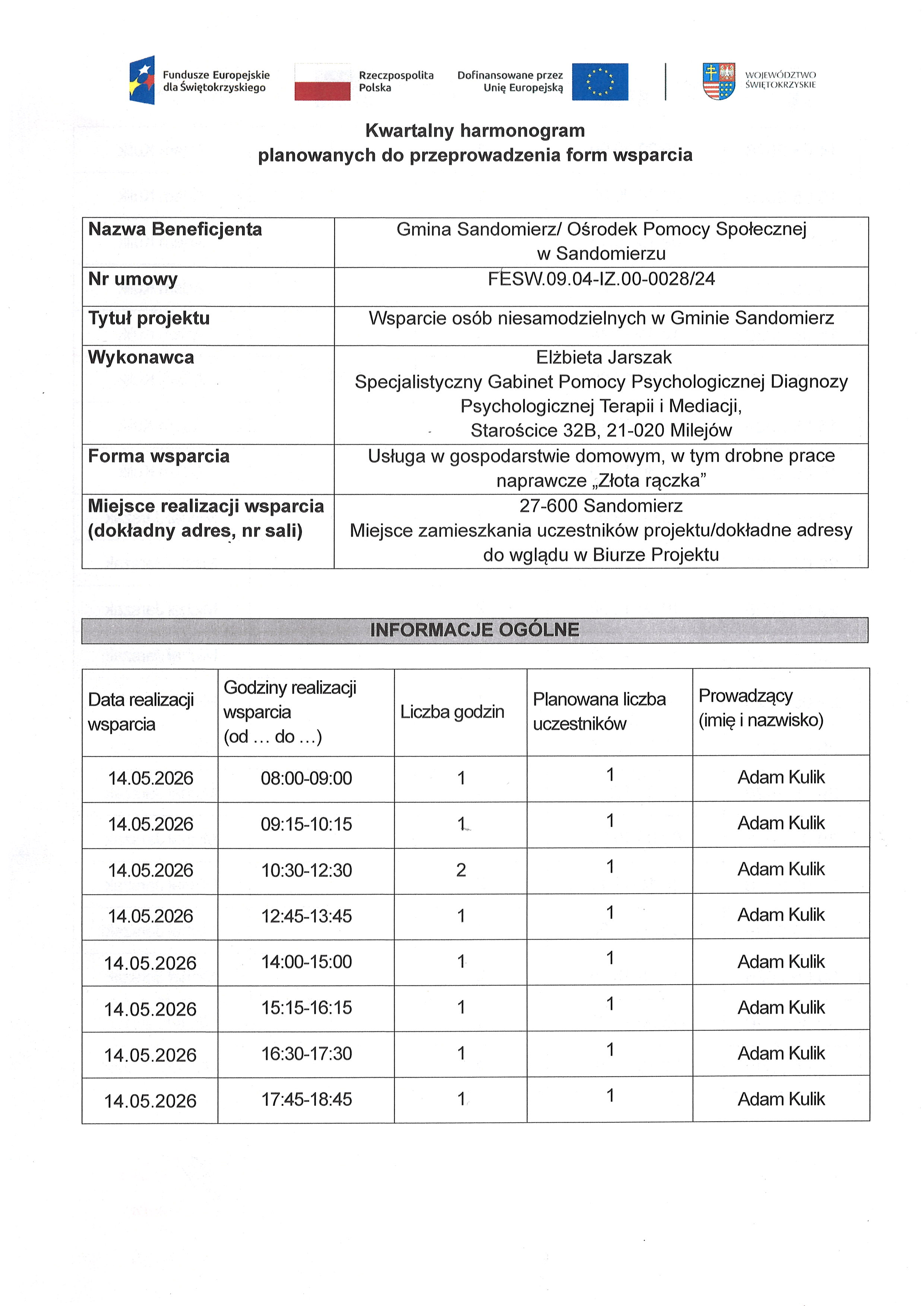 Kwartalny harmonogram planowanych do przeprowadzenia form wsparcia - Usługa w&nbsp;gospodarstwie domowym - Złota rączka - maj 2026