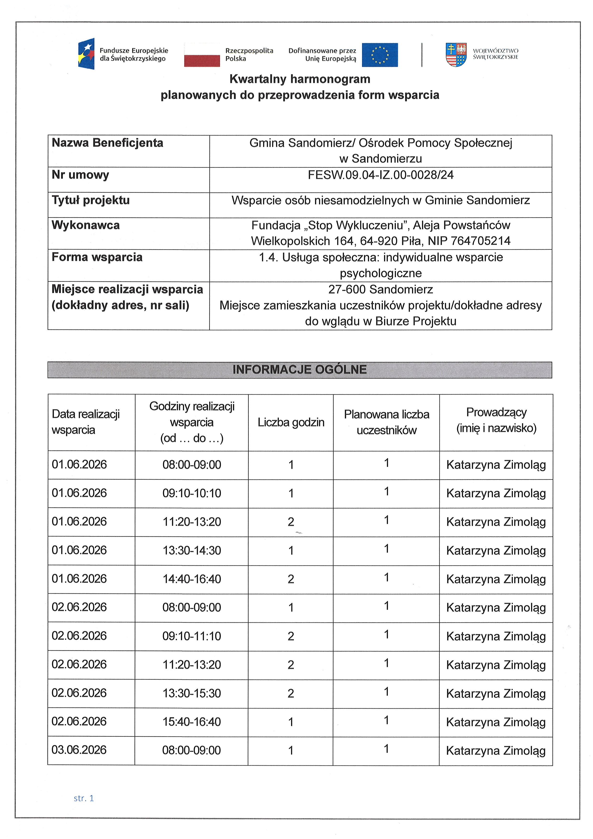 Kwartalny harmonogram planowanych do przeprowadzenia form wsparcia - 1.4. Usługa społeczna: indywidualne wsparcie psychologiczne - czerwiec  2026