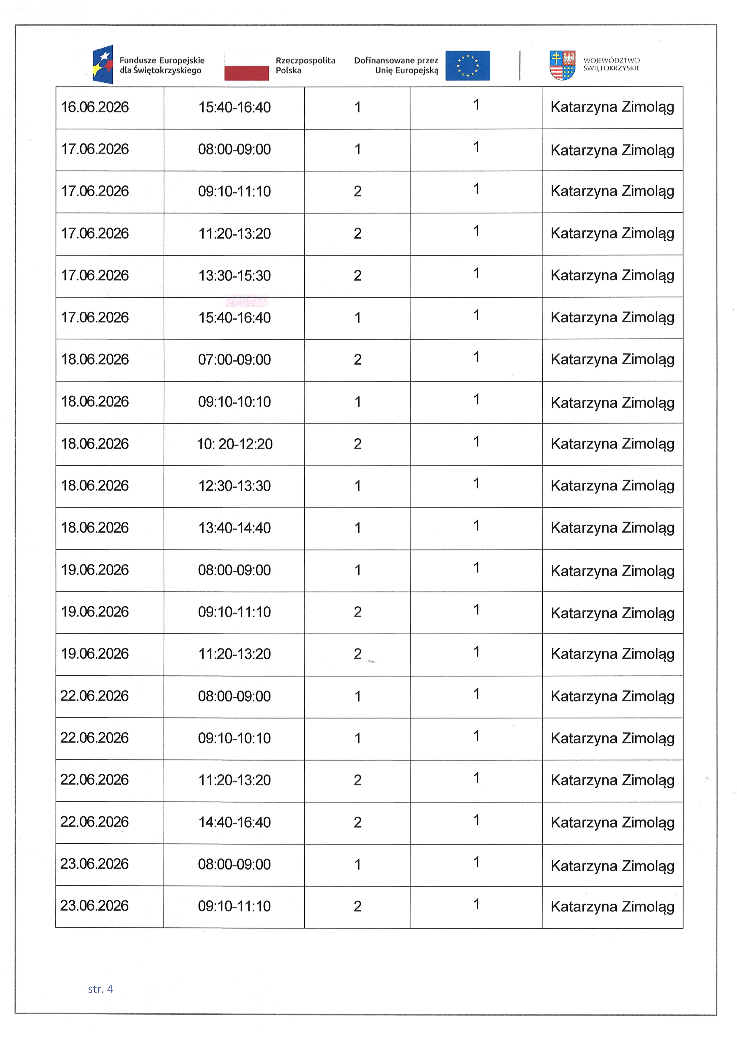 Kwartalny harmonogram planowanych do przeprowadzenia form wsparcia - 1.4. Usługa społeczna: indywidualne wsparcie psychologiczne - czerwiec  2026
