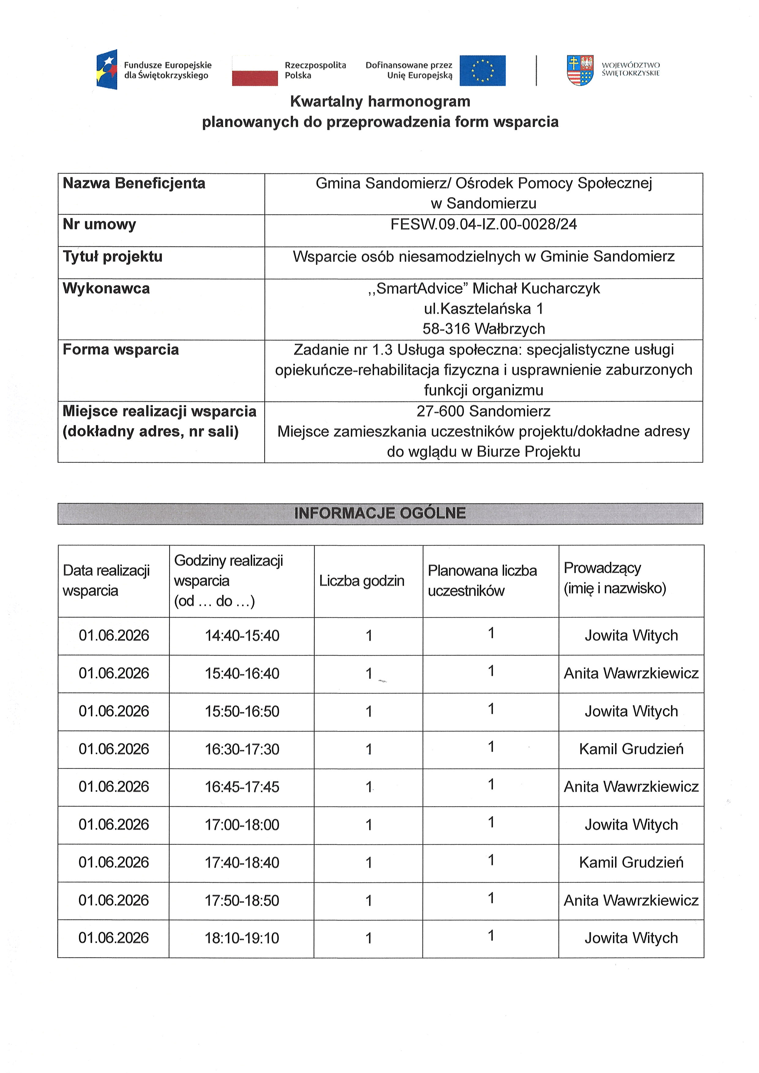 Kwartalny harmonogram planowanych do przeprowadzenia form wsparcia - Zadanie nr 1.3 Usługa społeczna: specjalistyczne usługi opiekuńcze-rehabilitacja fizyczna i&nbsp;usprawnienie zaburzonych funkcji organizmu - czerwiec 2026