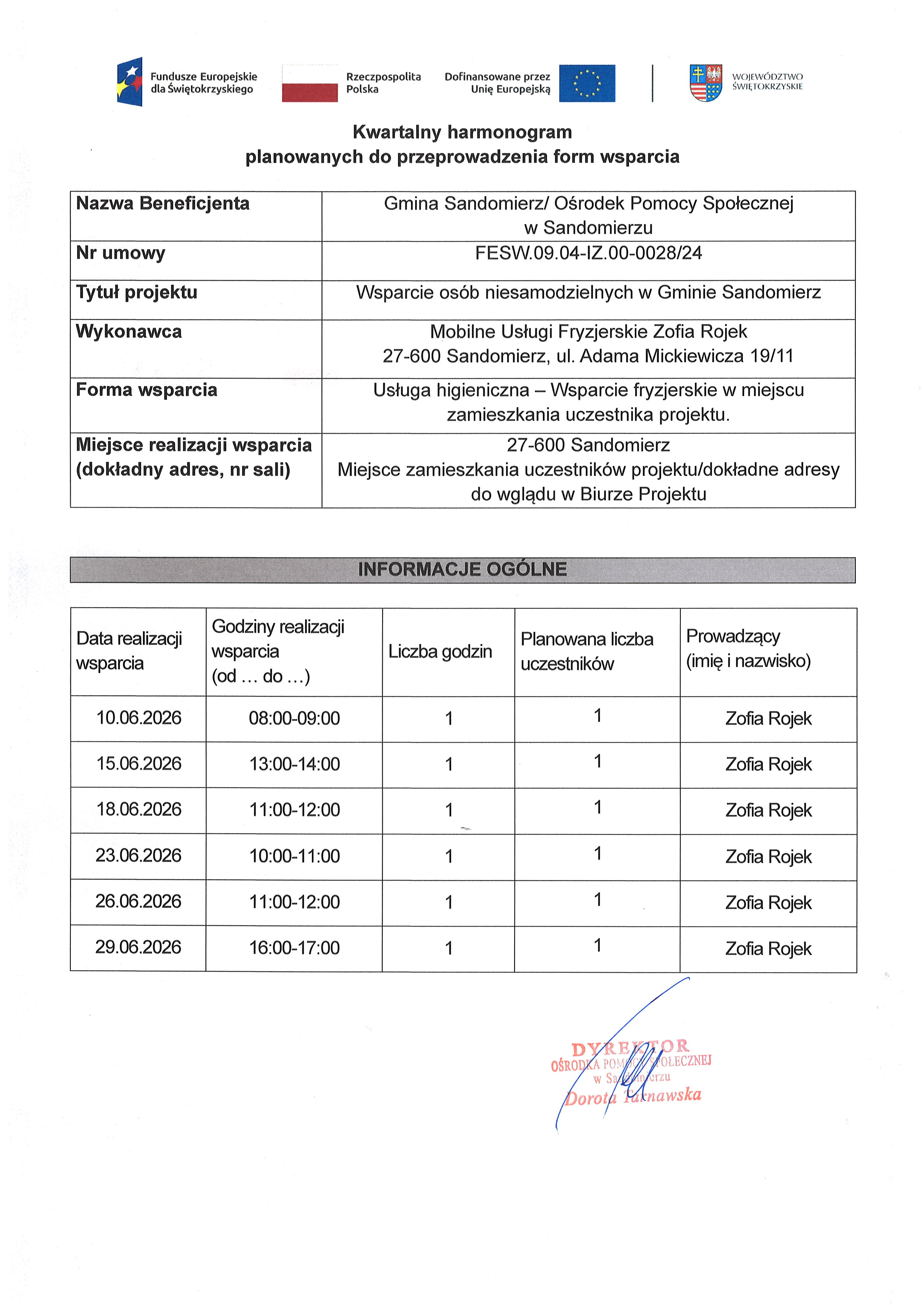 Kwartalny harmonogram planowanych do przeprowadzenia form wsparcia -Usługa higieniczna - Wsparcie fryzjerskie w&nbsp;miejscu zamieszkania uczestnika projektu - czerwiec 2026