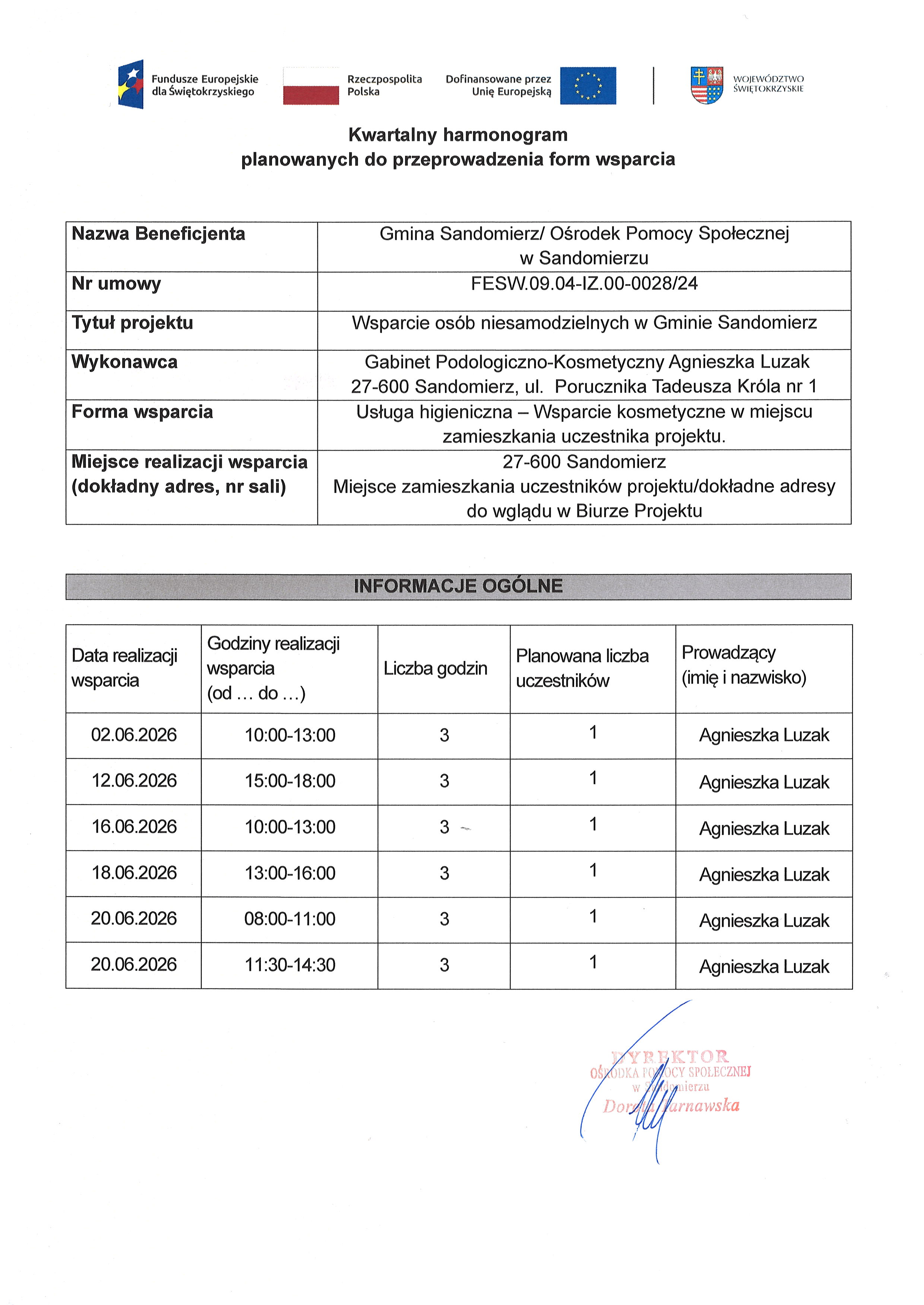 Kwartalny harmonogram planowanych do przeprowadzenia form wsparcia -Usługa higieniczna - Wsparcie kosmetyczne w&nbsp;miejscu zamieszkania uczestnika projektu - czerwiec 2026