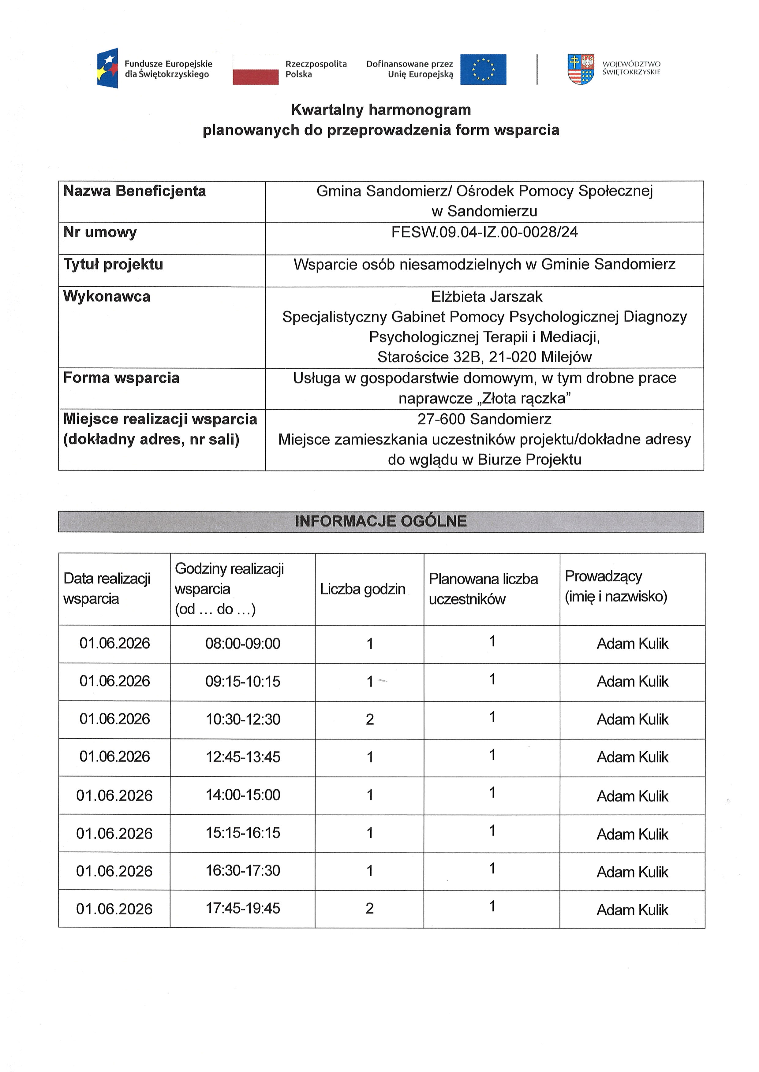 Kwartalny harmonogram planowanych do przeprowadzenia form wsparcia - Usługa w&nbsp;gospodarstwie domowym - Złota rączka - czerwiec 2026