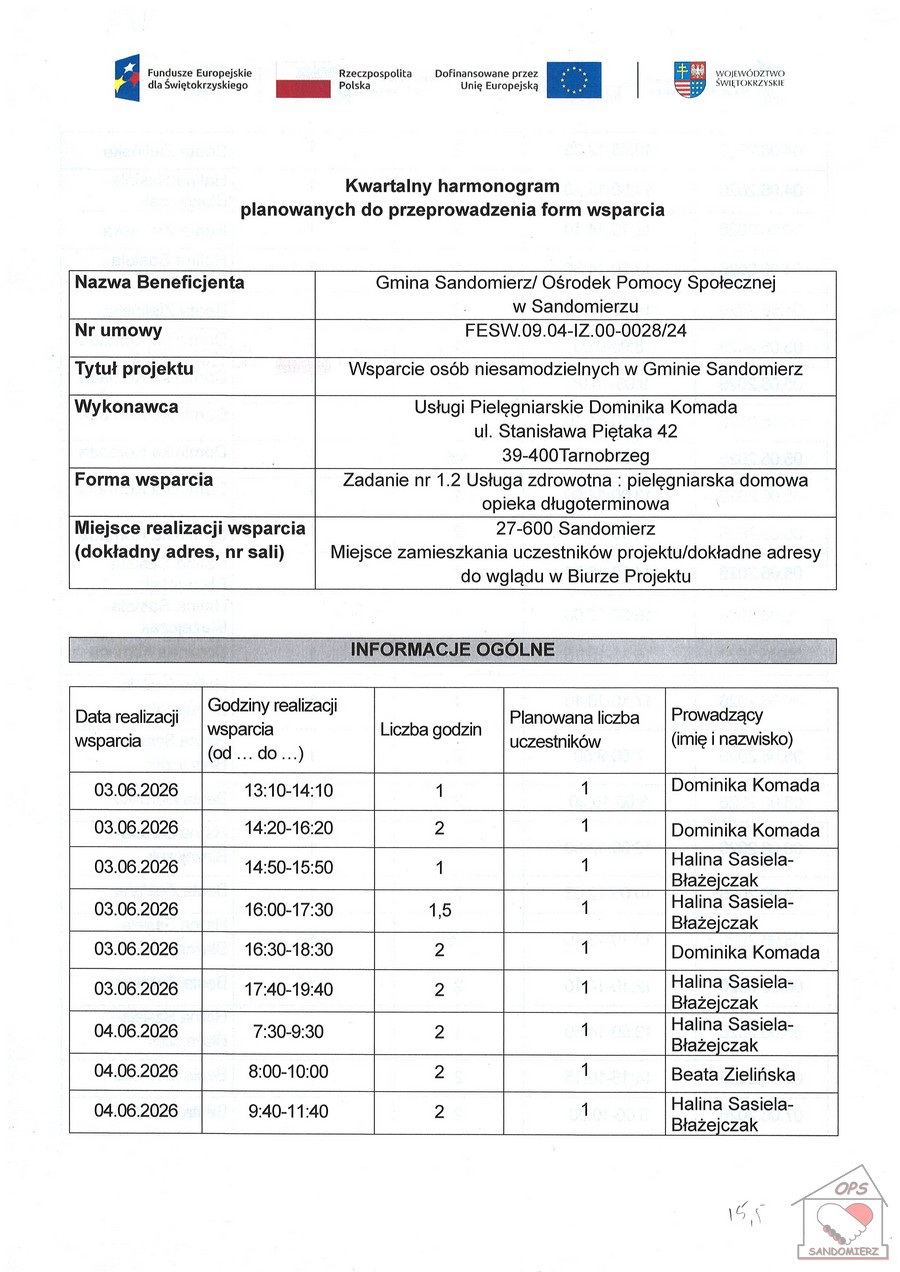 Kwartalny harmonogram planowanych do przeprowadzenia form wsparcia - Zadanie nr 1.2 Usługa zdrowotna: pielęgniarska domowa opieka długoterminowa - czerwiec 2026