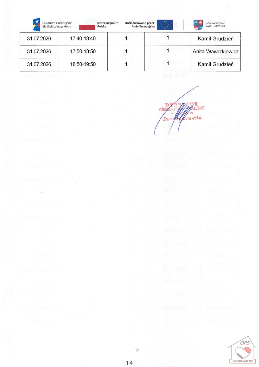 Kwartalny harmonogram planowanych do przeprowadzenia form wsparcia - Zadanie nr 1.3 Usługa społeczna: specjalistyczne usługi opiekuńcze-rehabilitacja fizyczna i&nbsp;usprawnienie zaburzonych funkcji organizmu - lipiec 2026