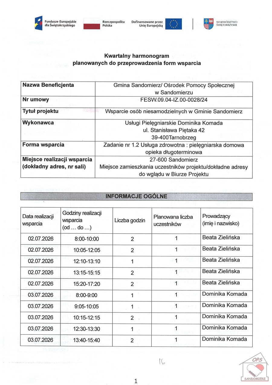 Kwartalny harmonogram planowanych do przeprowadzenia form wsparcia - Zadanie nr 1.2 Usługa zdrowotna: pielęgniarska domowa opieka długoterminowa - lipiec 2026