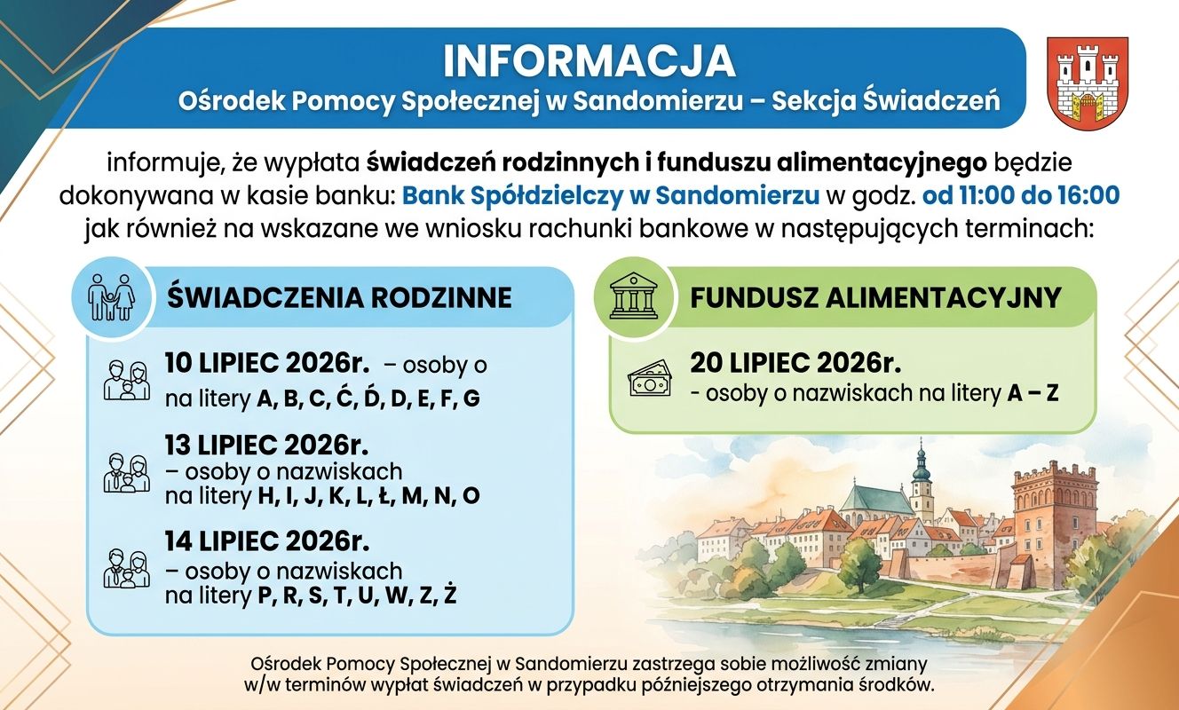 Harmonogram wypłat za lipiec 2026r. świadczeń rodzinnych i&nbsp;funduszu alimentacyjnego