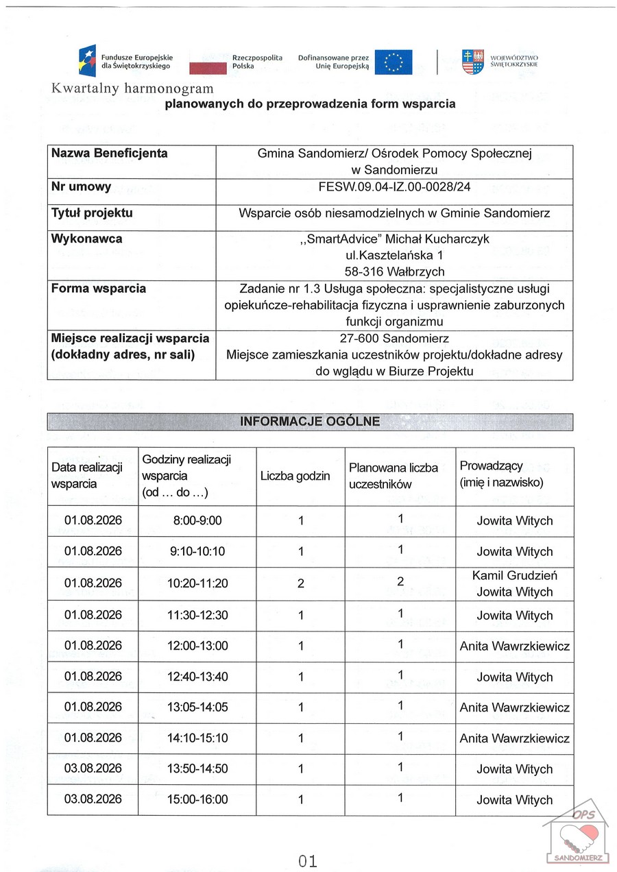 Specjalistyczne usługi opiekuńcze-rehabilitacja fizyczna i&nbsp;usprawnienie zaburzonych funkcji organizmu - Wsparcie os&oacute;b niesamodzielnych w&nbsp;Gminie Sandomierz - Kwartalny harmonogram planowanych do przeprowadzenia form wsparcia za sierpień 2026