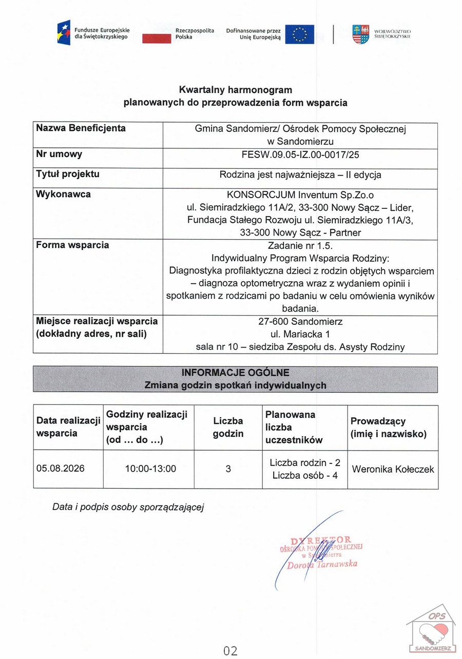 Diagnostyka profilaktyczna dzieci z&nbsp;rodzin objętych wsparciem - diagnoza audiologiczna wraz  wydaniem opinii i&nbsp;spotkaniem z&nbsp;rodzicami po badaniu w&nbsp;celu om&oacute;wienia wynik&oacute;w badania - Rodzina jest najważniejsza - II edycja - Kwartalny harmonogram planowanych do przeprowadzenia form wsparcia &ndash; sierpień 2026