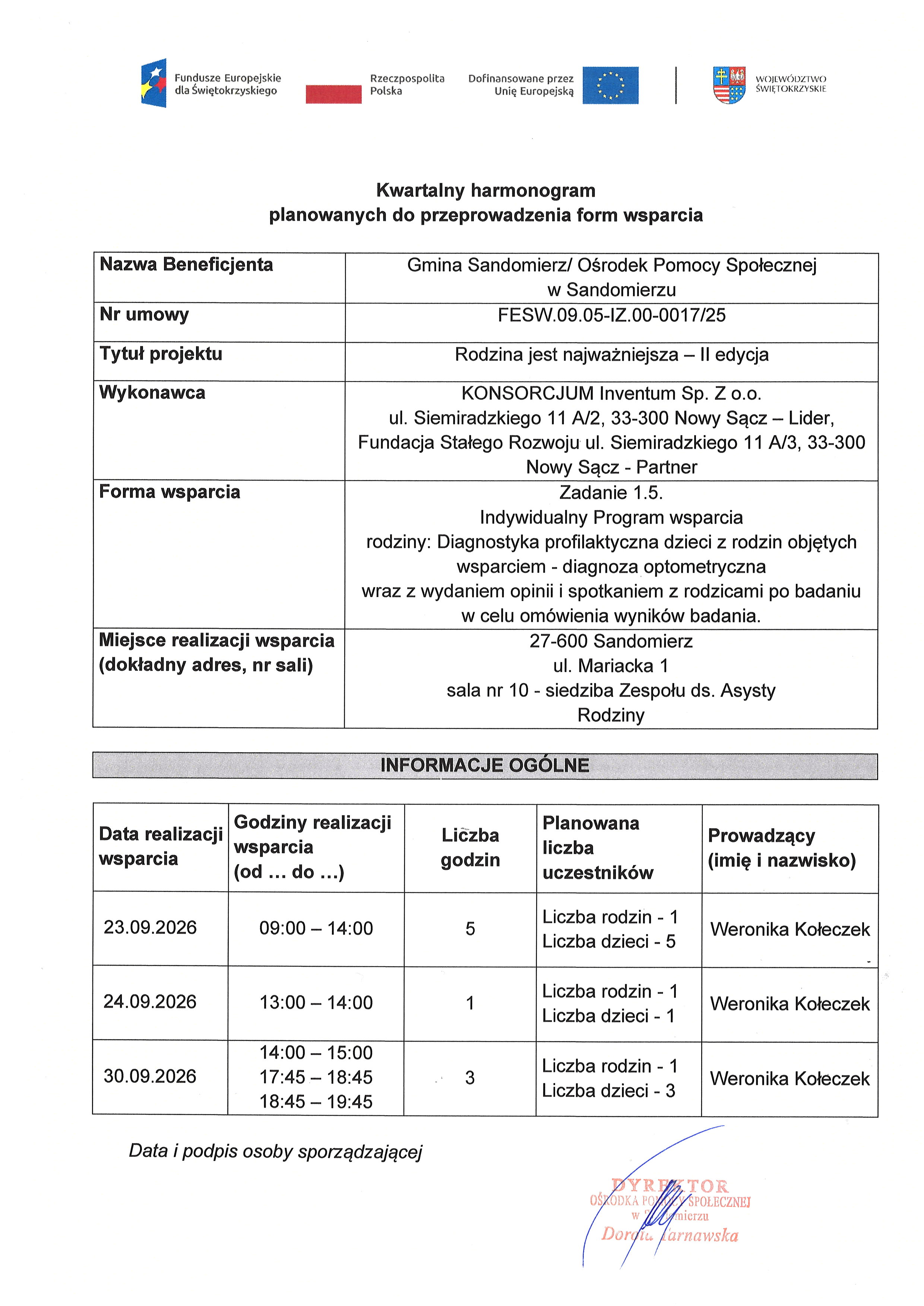 Kwartalny harmonogram planowanych do przeprowadzenia form wsparcia - diagnoza optometryczna -wrzesień 2026