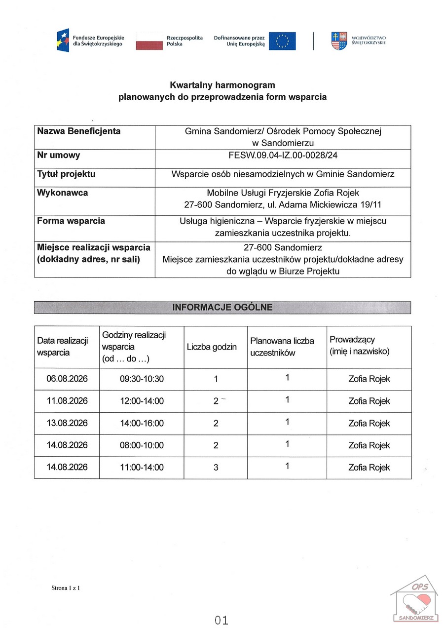 Usługa higieniczna - Wsparcie fryzjerskie w&nbsp;miejscu zamieszkania uczestnika projektu.