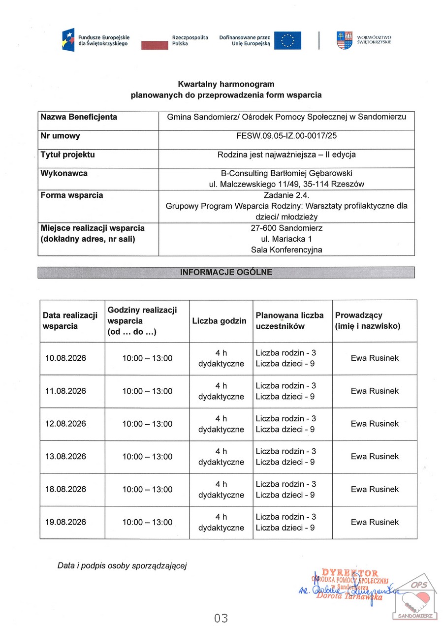 Grupowy Program Wsparcia Rodziny: Warsztaty profilaktyczne dla dzieci/młodzieży - harmonogram za sierpień 2026
