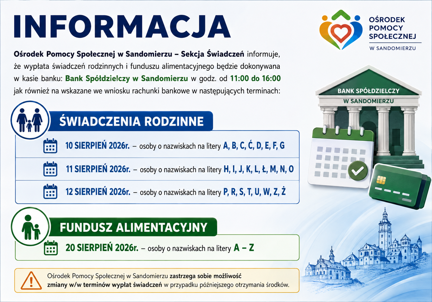 Harmonogram wypłat za sierpień 2026r. świadczeń rodzinnych i&nbsp;funduszu alimentacyjnego