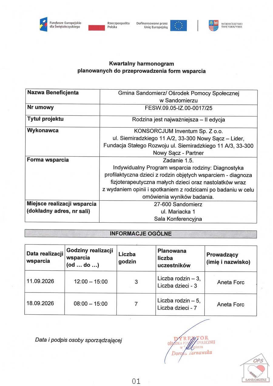 Kwartalny harmonogram planowanych do przeprowadzenia form wsparcia - diagnoza fizjoterapeutyczna małych dzieci oraz&nbsp;nastolatk&oacute;w -wrzesień 2026