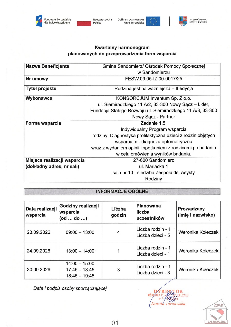 Kwartalny harmonogram planowanych do przeprowadzenia form wsparcia - diagnoza optometryczna - październik 2026