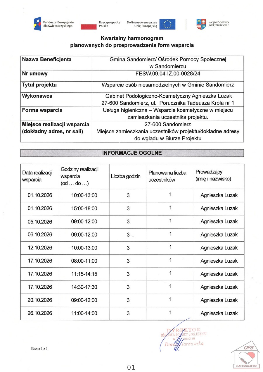 Kwartalny harmonogram planowanych do przeprowadzenia form wsparcia - Usługa higieniczna - Wsparcie kosmetyczne w&nbsp;miejscu zamieszkania uczestnika projektu.