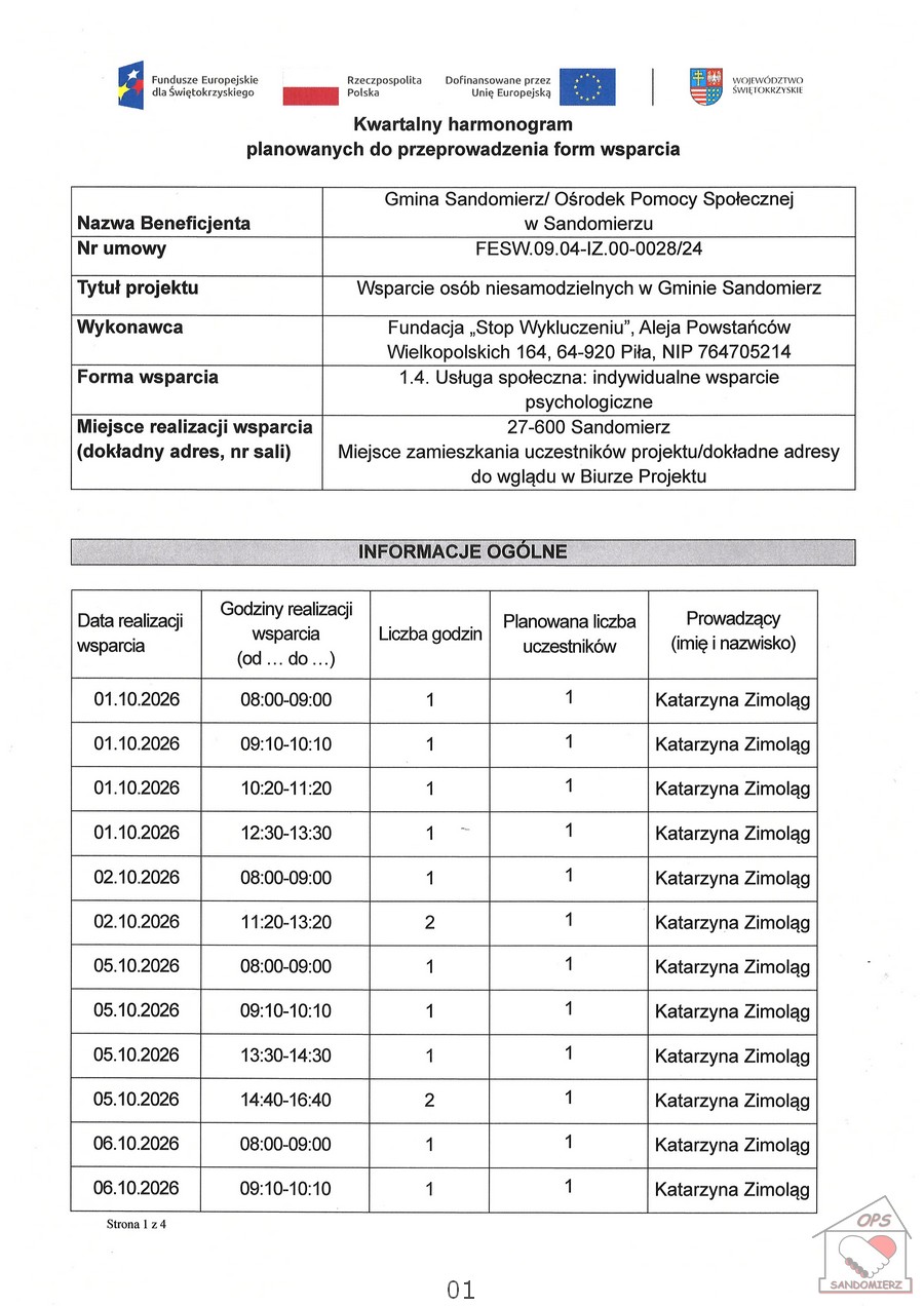 Kwartalny harmonogram planowanych do przeprowadzenia form wsparcia - 1.4. Usługa społeczna indywidualne wsparcie psychologiczne - październik 2026 