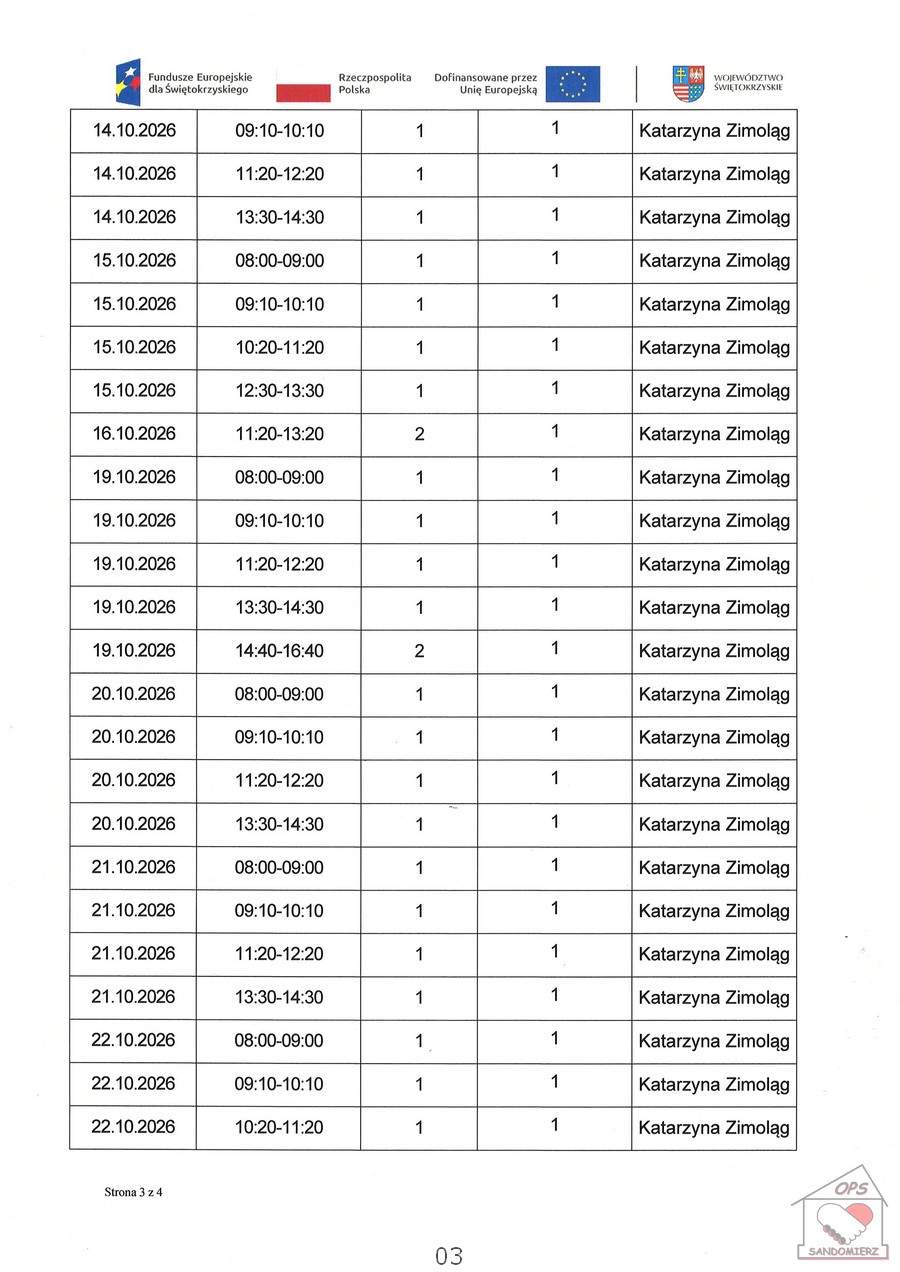 Kwartalny harmonogram planowanych do przeprowadzenia form wsparcia - 1.4. Usługa społeczna indywidualne wsparcie psychologiczne - październik 2026 