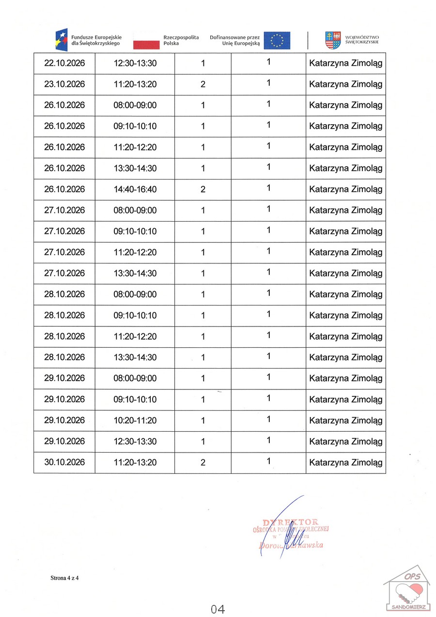 Kwartalny harmonogram planowanych do przeprowadzenia form wsparcia - 1.4. Usługa społeczna indywidualne wsparcie psychologiczne - październik 2026 