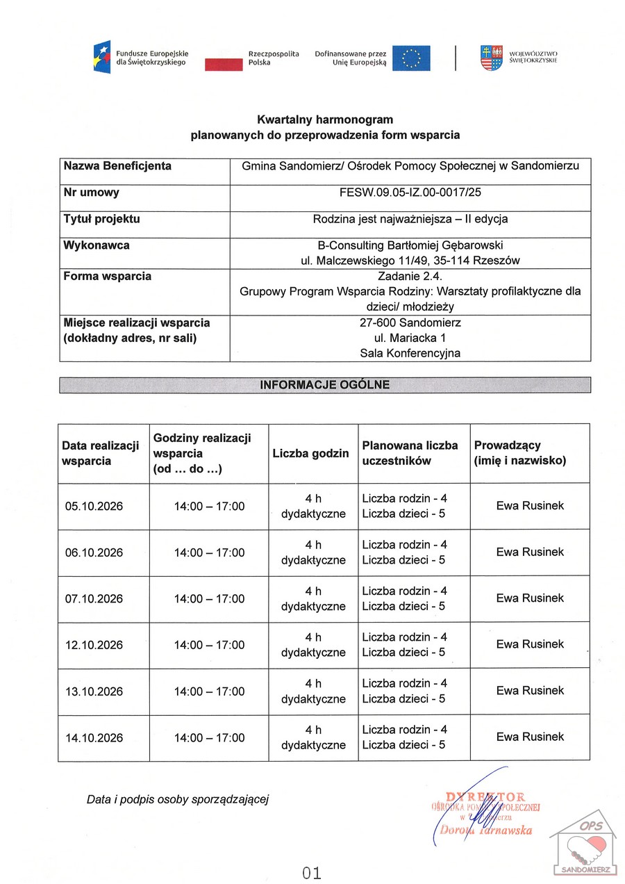 Grupowy Program Wsparcia Rodziny: Warsztaty profilaktyczne dla dzieci/młodzieży - harmonogram za październik 2026
