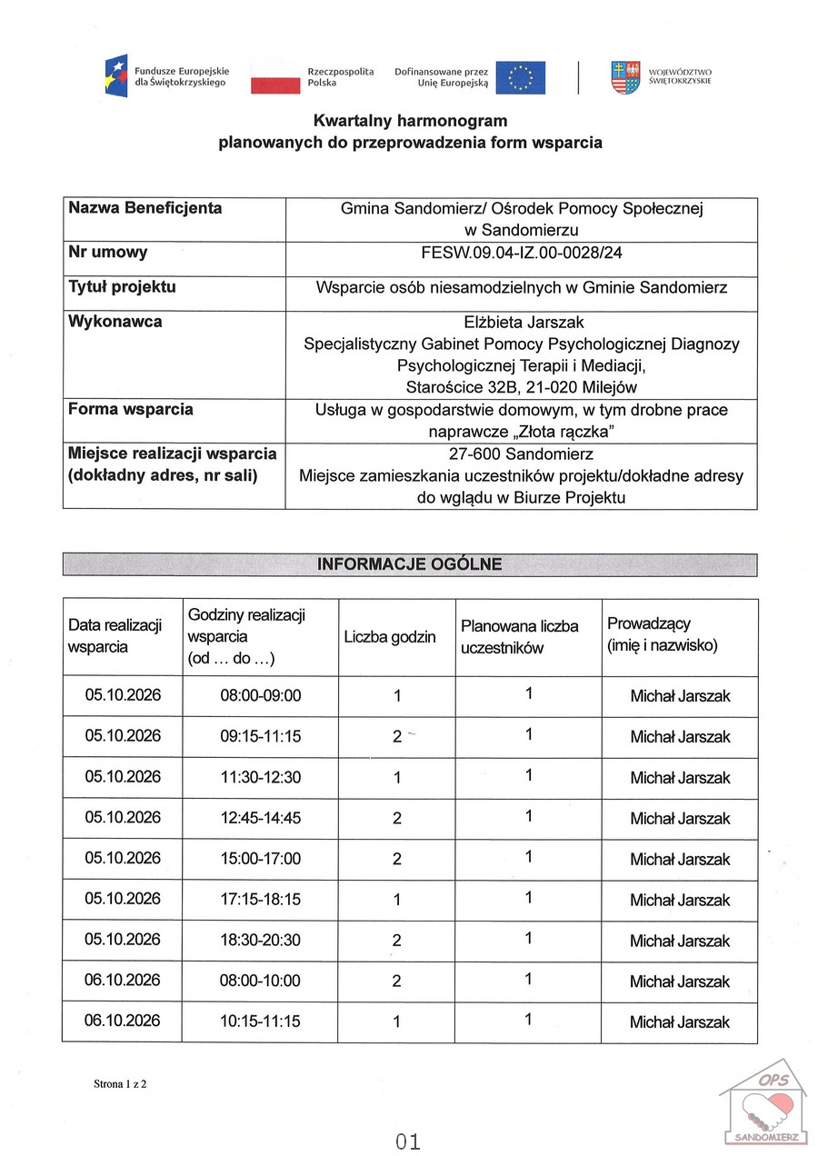 Kwartalny harmonogram planowanych do przeprowadzenia form wsparcia Usługa w&nbsp;gospodarstwie domowym, w&nbsp;tym drobne prace naprawcze "Złota rączka" - październik 2026