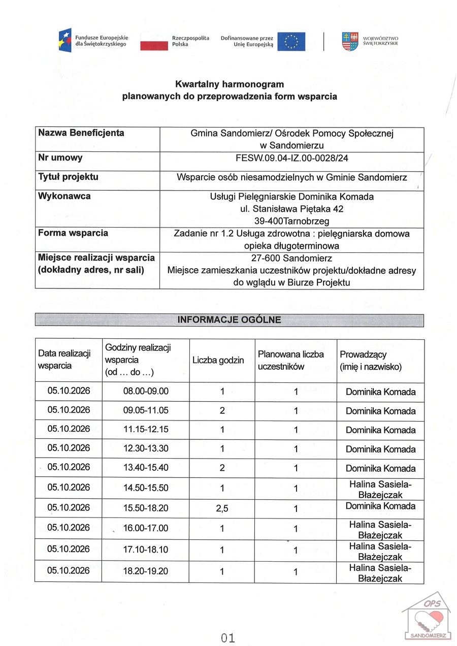 Kwartalny harmonogram planowanych do przeprowadzenia form wsparcia - Zadanie nr 1.2 Usługa zdrowotna: pielęgniarska domowa opieka długoterminowa za Październik 2026