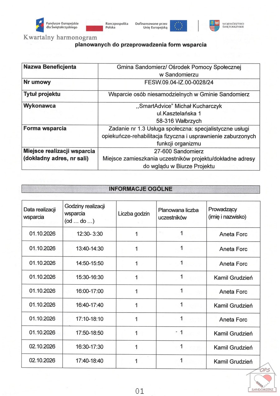 Kwartalny harmonogram usługa społeczna specjalistyczne usługi opiekuńcze-rehabilitacja fizyczna i&nbsp;usprawnienie zaburzonych funkcji organizmu - październik 2026