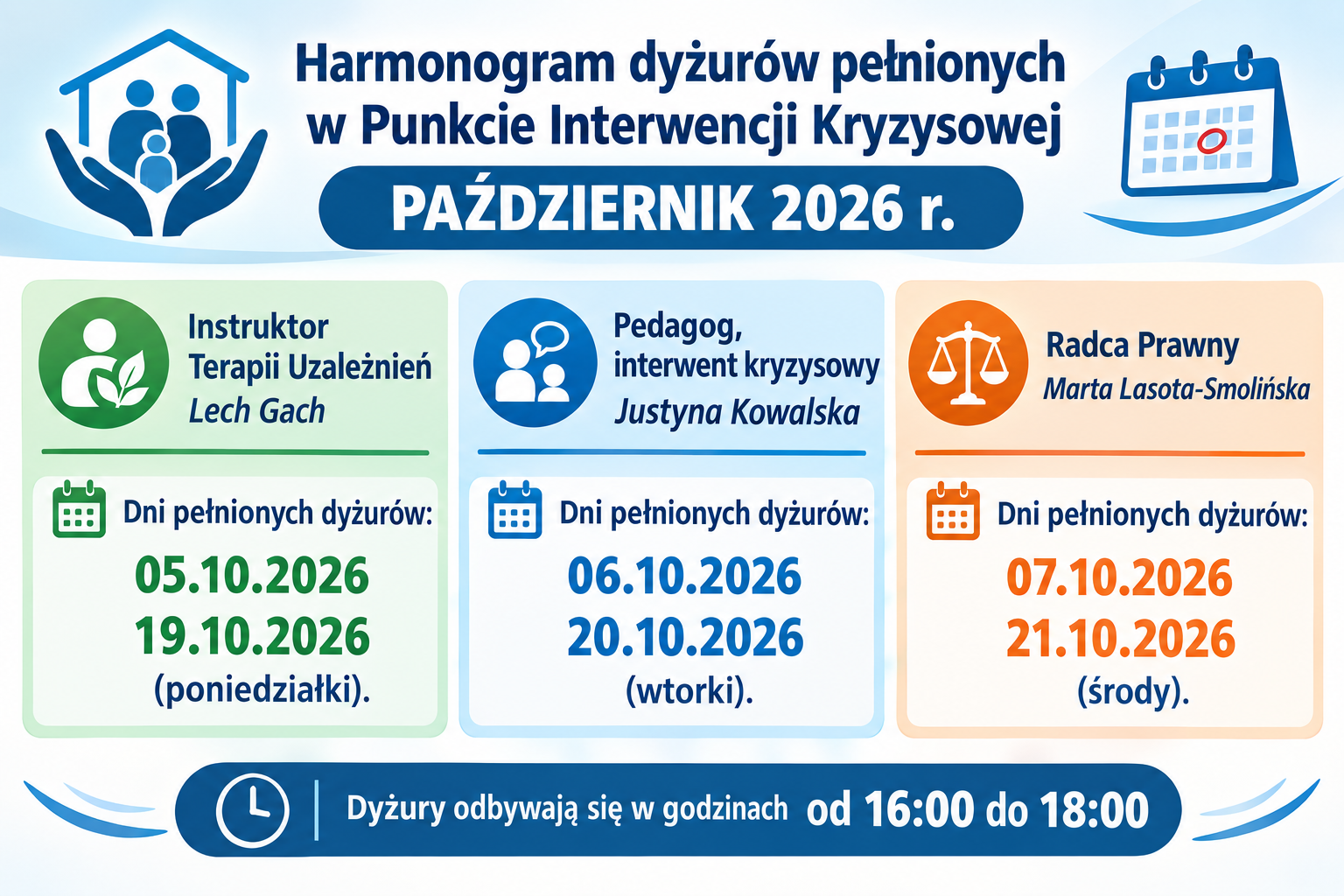 Harmonogram dyżur&oacute;w pełnionych w&nbsp;Punkcie Interwencji Kryzysowej PAŹDZIERNIK 2026 r. 