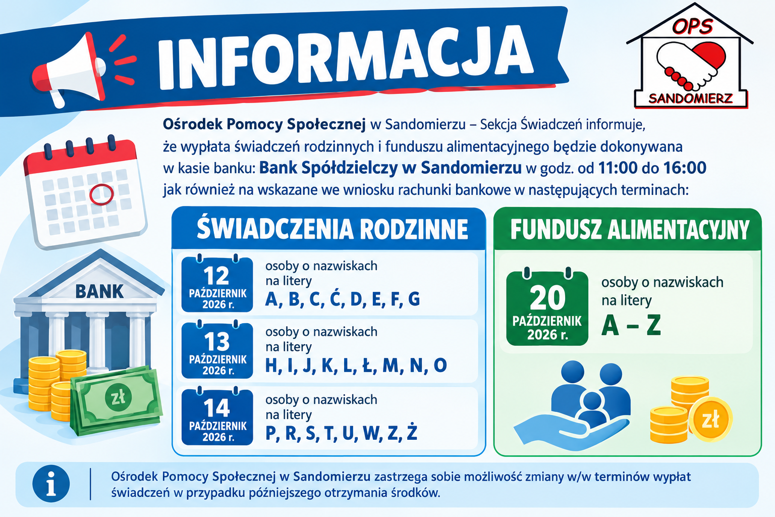 Harmonogram wypłaty świadczeń rodzinnych i&nbsp;funduszu alimentacyjnego - Październik 2026