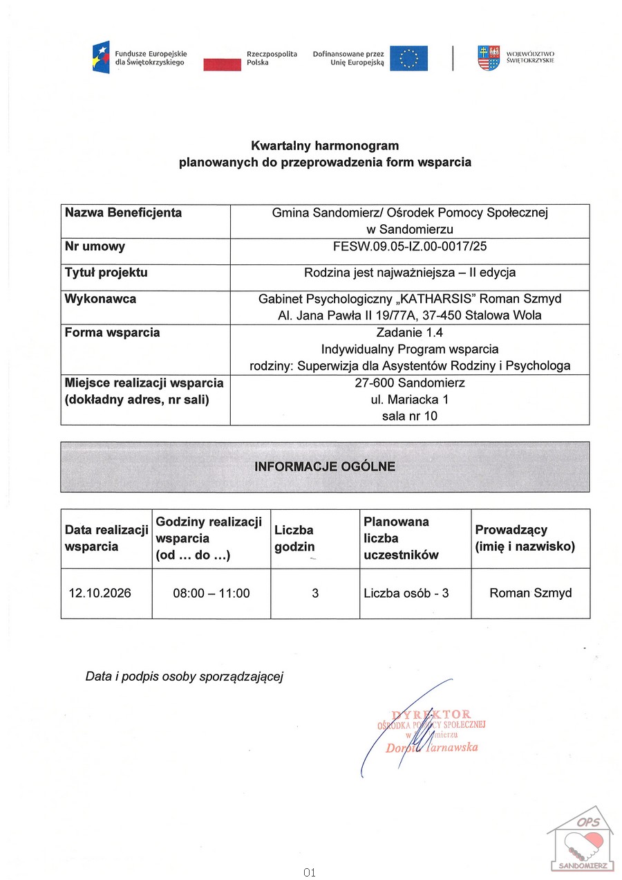 Harmonogram planowanych do przeprowadzenia form wsparcia Superwizja Roman Szmyd Asystentki Rodzin i&nbsp;psycholog X 2026