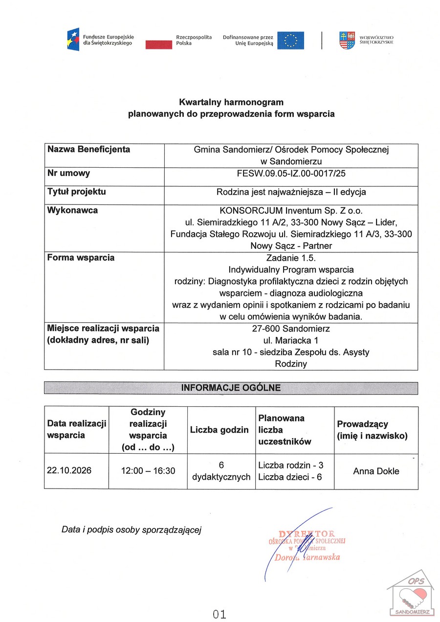 Harmonogram planowanych do przeprowadzenia form wsparcia - diagnoza audiologiczna październik 2026