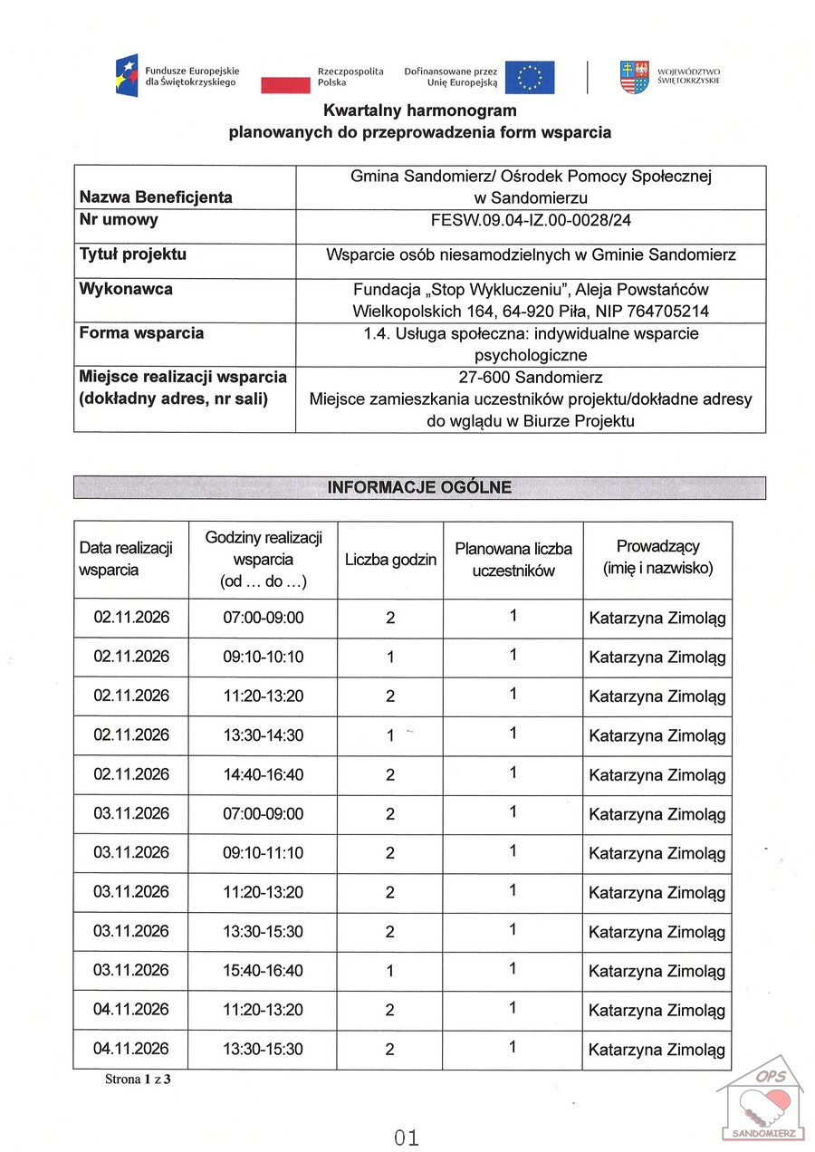  Usługa społeczna indywidualne wsparcie psychologiczne - listopad 2026