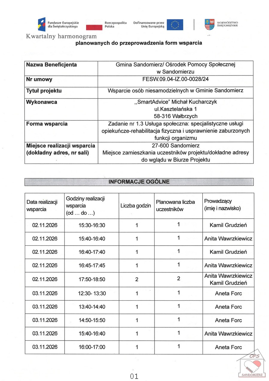 Kwartalny harmonogram planowanych do przeprowadzenia form wsparcia - Usługa społeczna: specjalistyczne usługi opiekuńcze-rehabilitacja fizyczna i&nbsp;usprawnienie zaburzonych funkcji organizmu &ndash; listopad 2026