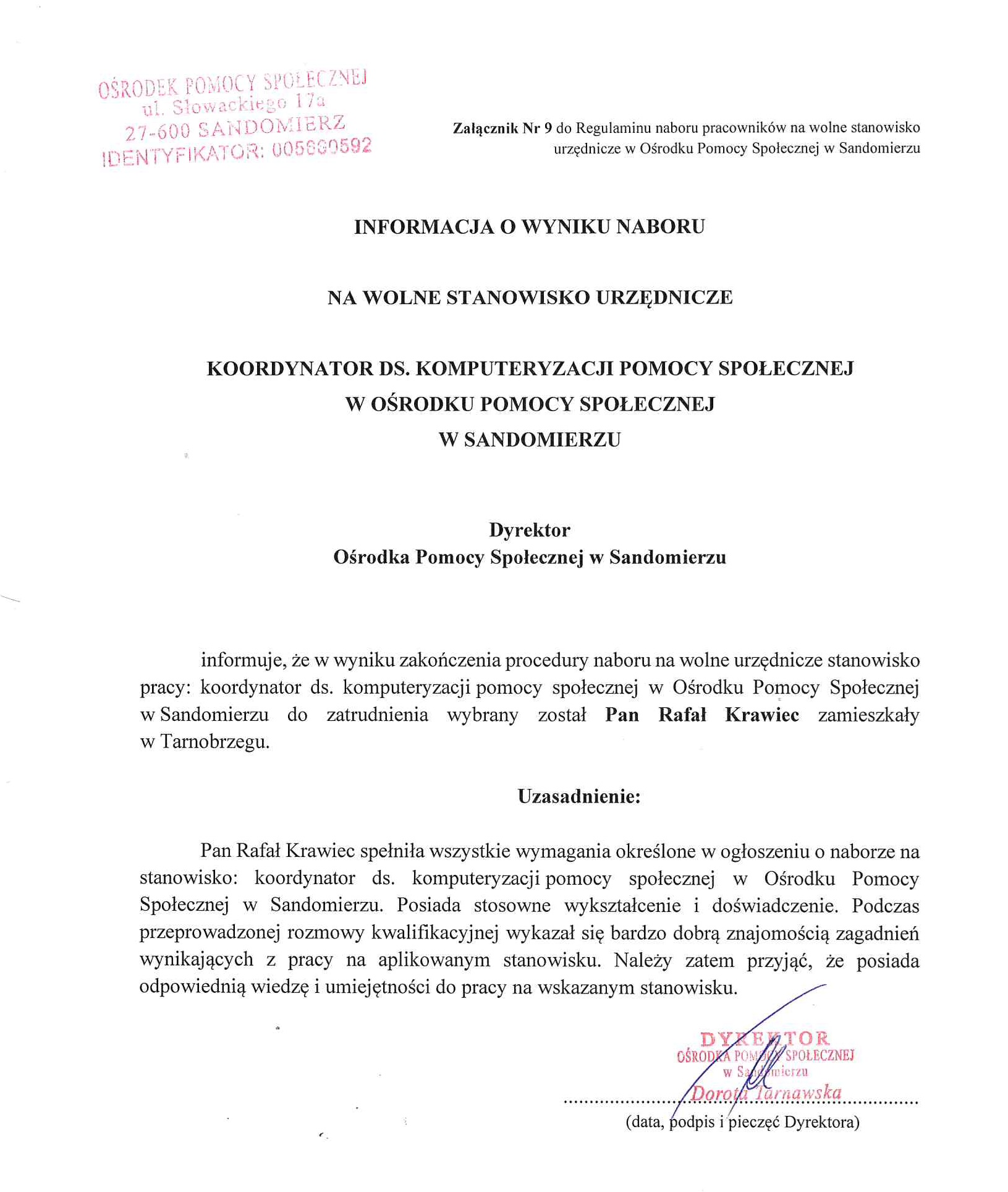 Informacja o&nbsp;wyniku naboru na&nbsp;wolne urzędnicze stanowisko Koordynator ds Komputeryzacji pomocy społecznej