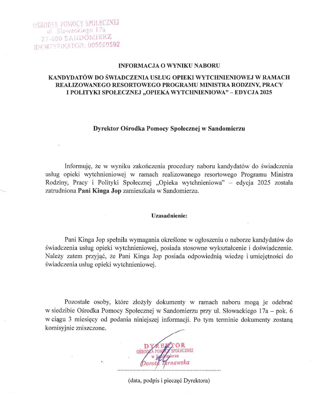 Informacja o&nbsp;wyniku naboru Program ministerialny OW 2025