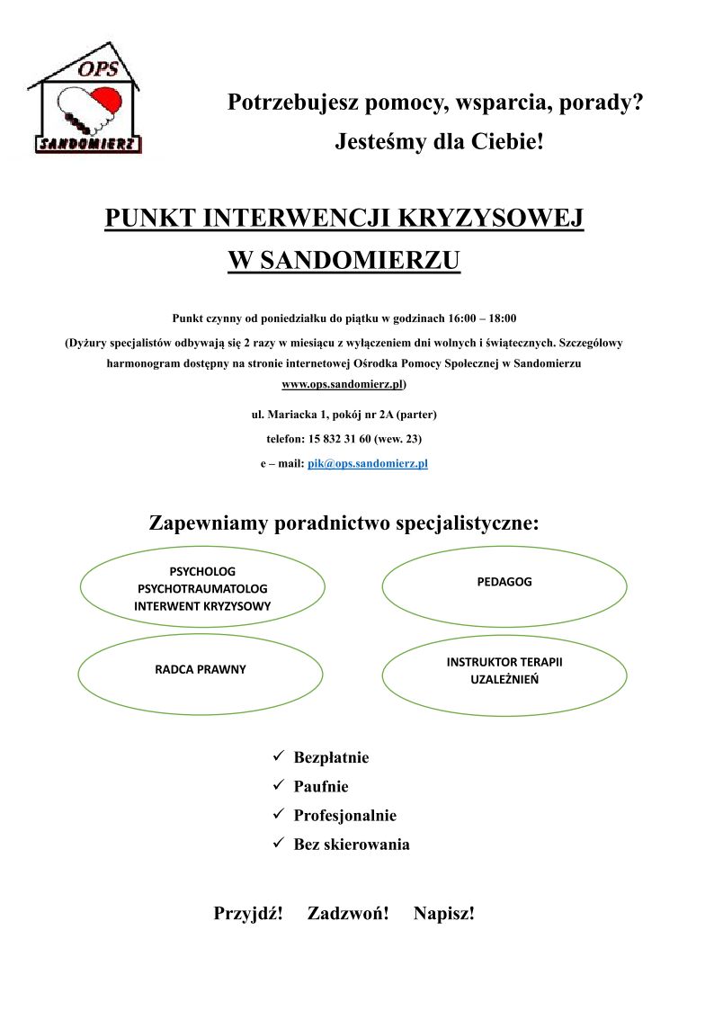 Ulotka oferty pomocy specjalistycznej oferowanej przez Punkt Interwencji Kryzysowej