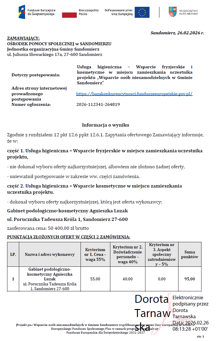 Zapytanie ofertowe: Usługa higieniczna &ndash; Wsparcie fryzjerskie i&nbsp;kosmetyczne w&nbsp;miejscu zamieszkania uczestnika projektu &bdquo;Wsparcie os&oacute;b niesamodzielnych w&nbsp;Gminie Sandomierz&rdquo;