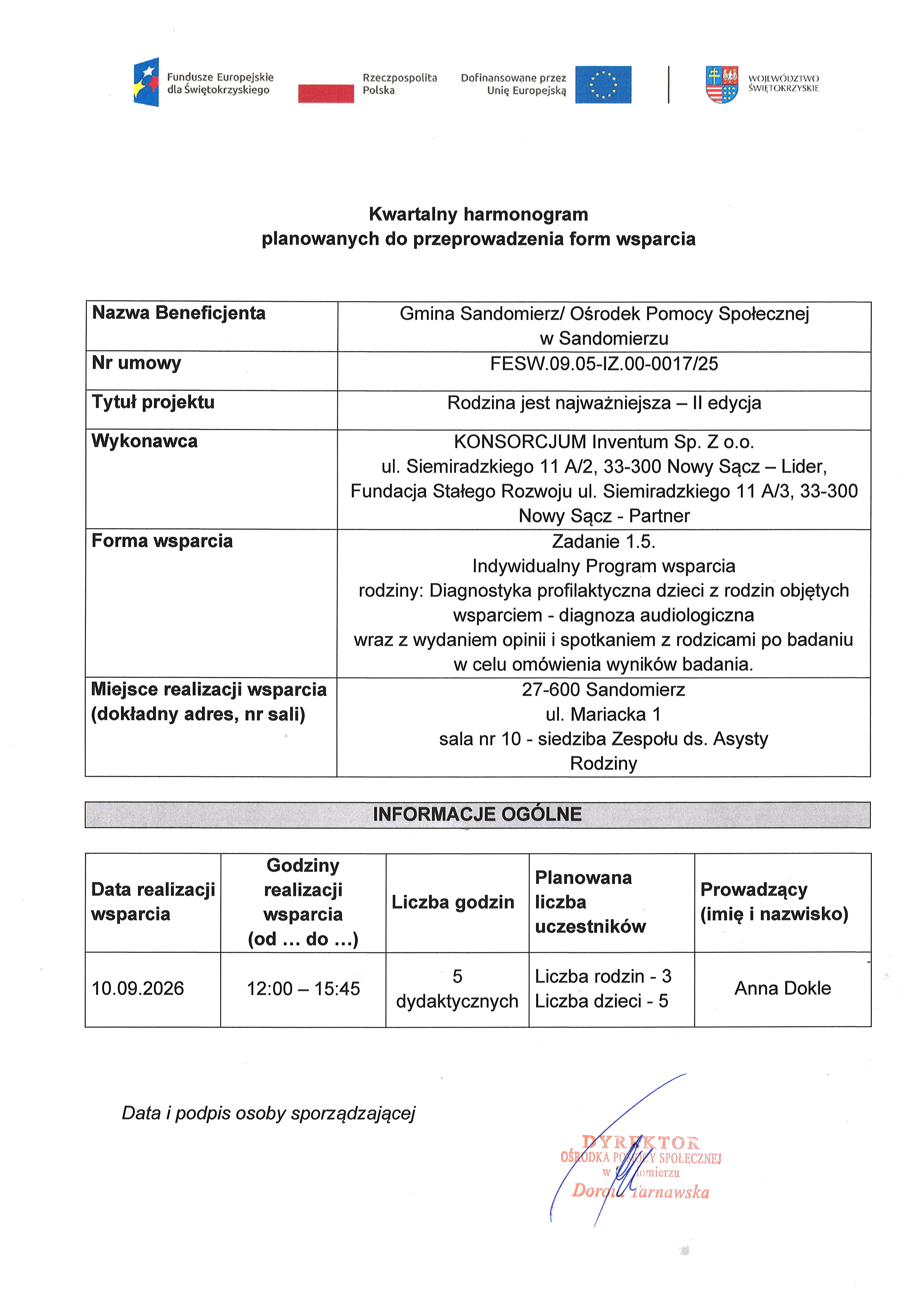 Harmonogram planowanych do przeprowadzenia form wsparcia - diagnoza audiologiczna wrzesień 2026