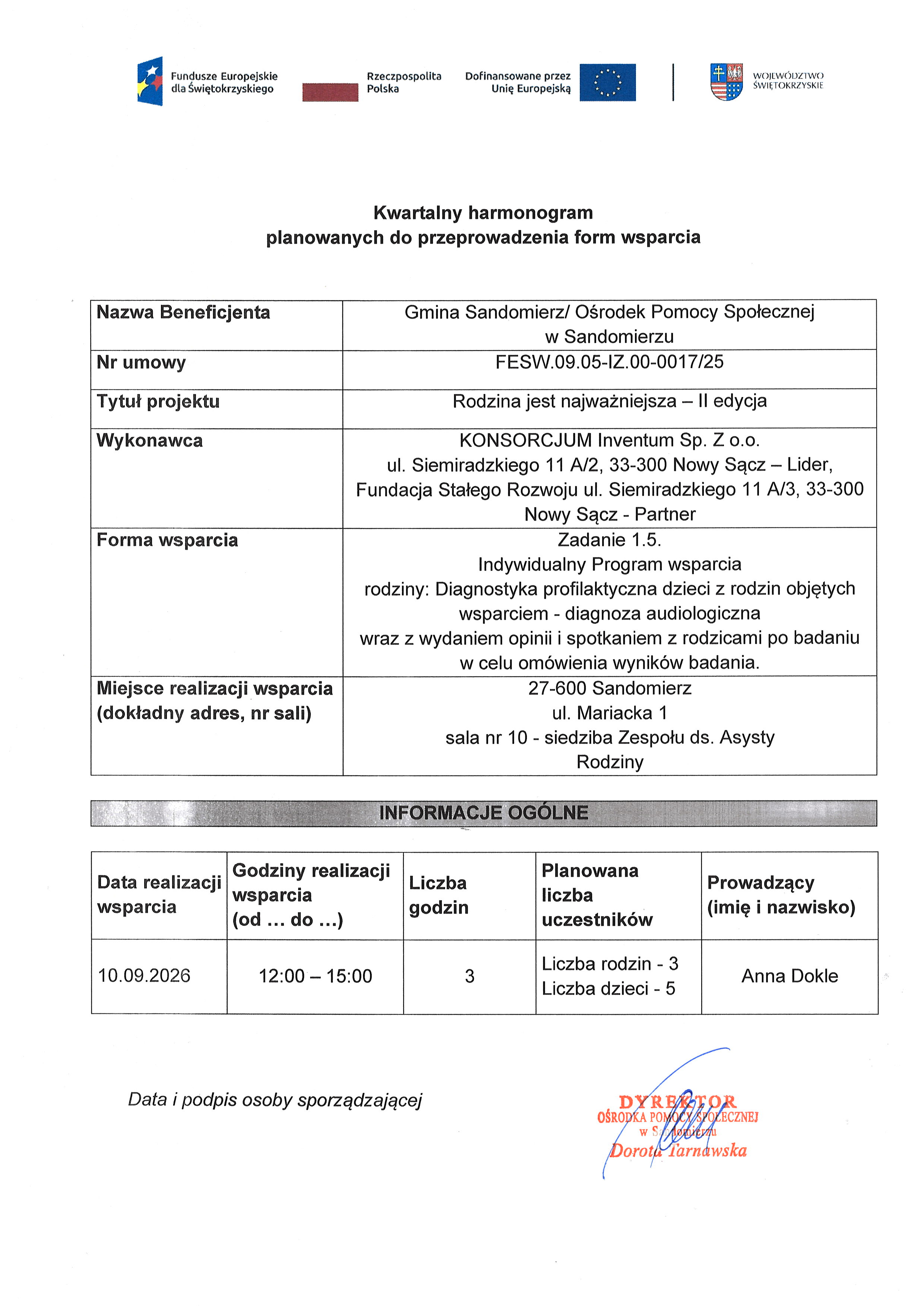 Kwartalny harmonogram planowanych do przeprowadzenia form wsparcia - diagnoza audiologiczna -wrzesień 2026