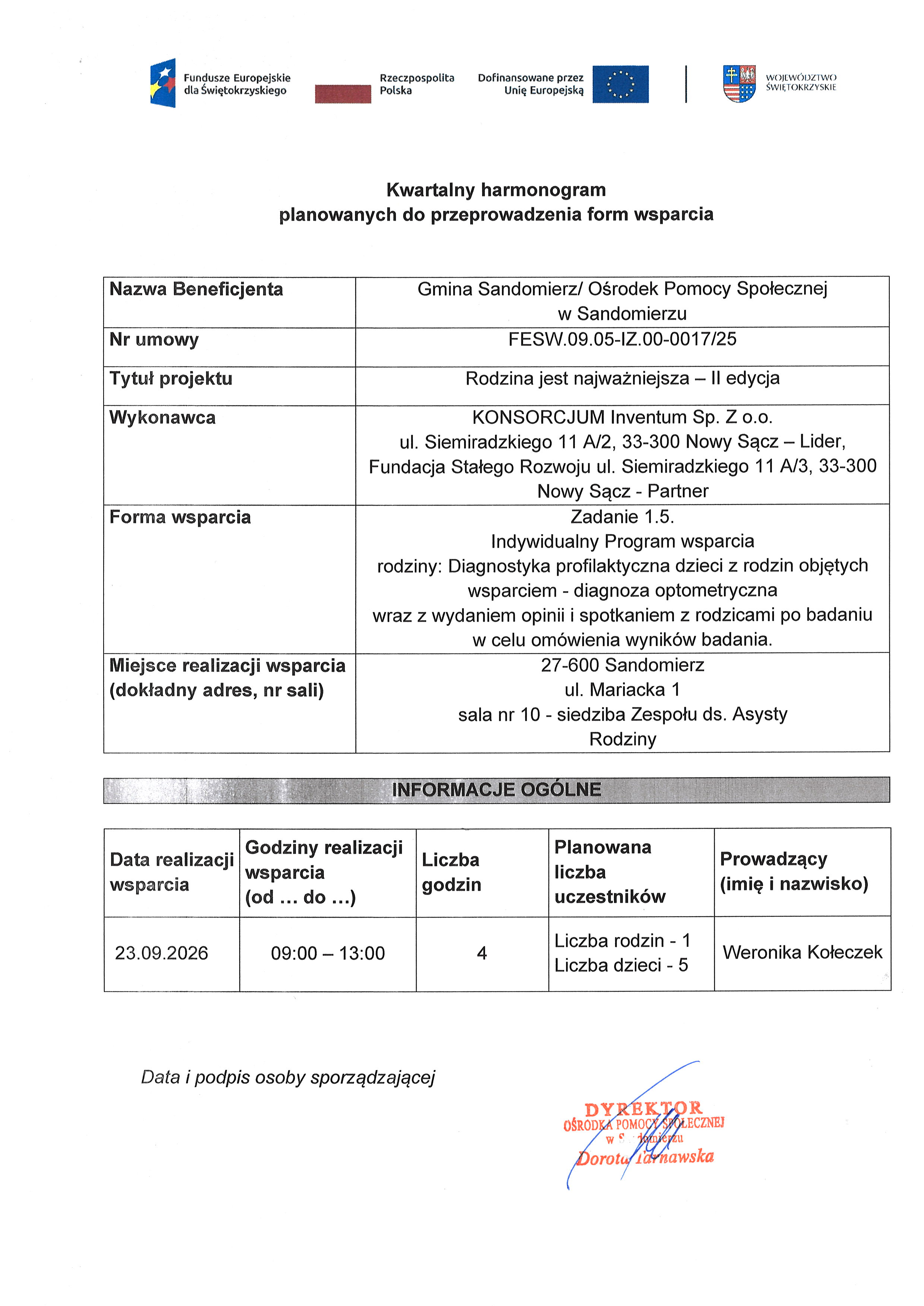 Kwartalny harmonogram planowanych do przeprowadzenia form wsparcia - Harmonogram planowanych do przeprowadzenia form wsparcia diagnoza optometryczna -wrzesień 2026
