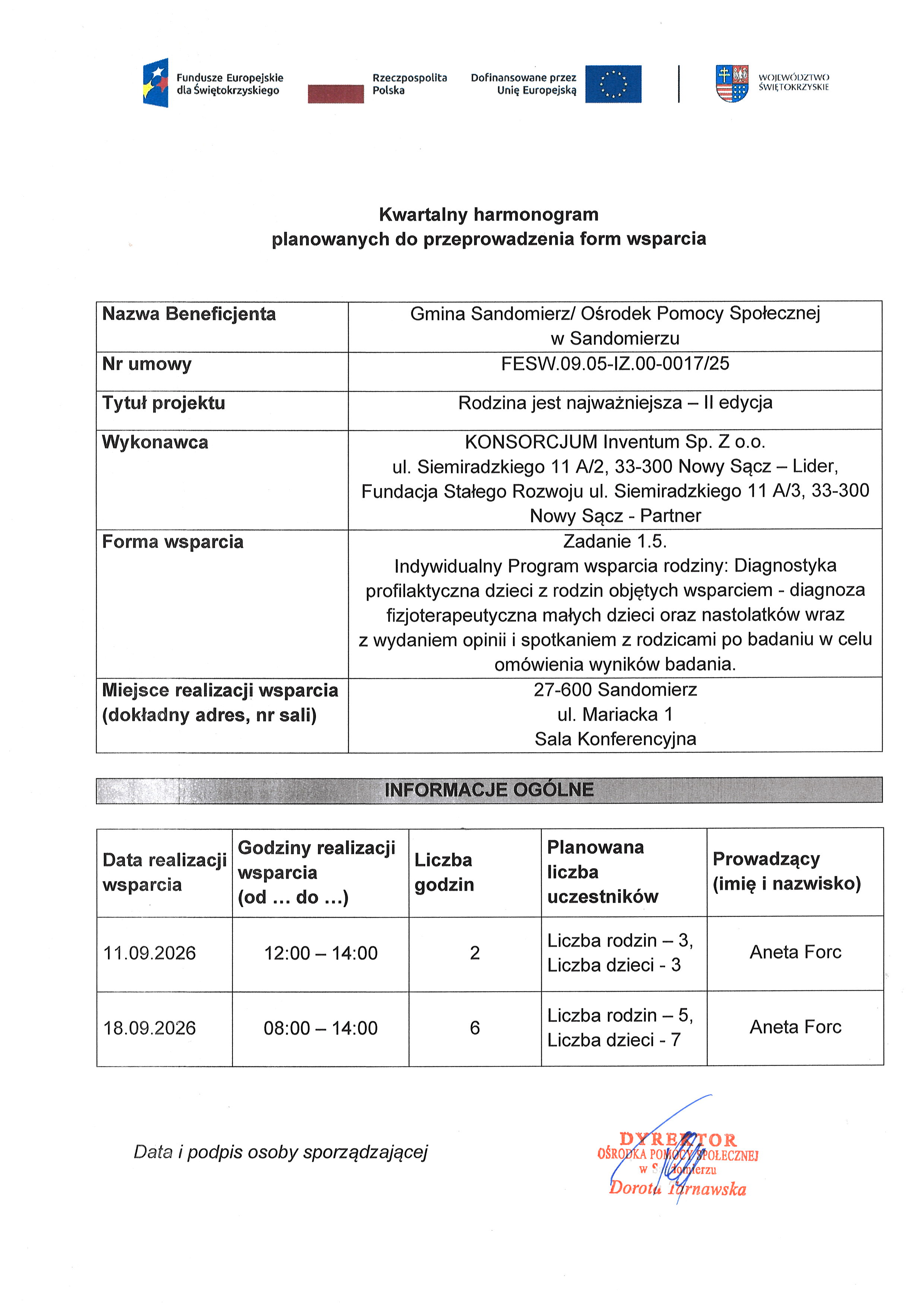 Kwartalny harmonogram planowanych do przeprowadzenia form wsparcia - diagnoza fizjoterapeutyczna małych dzieci oraz&nbsp;nastolatk&oacute;w -wrzesień 2026