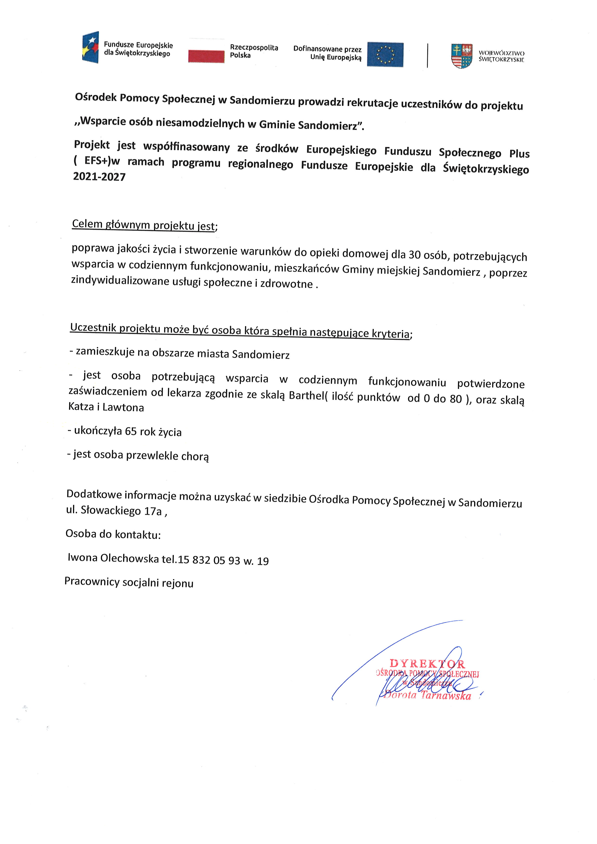 Ogłoszenie o&nbsp;rekrutacji uczestnik&oacute;w do projektu Wsparcie os&oacute;b niesamodzielnych w&nbsp;Gminie Sandomierz.