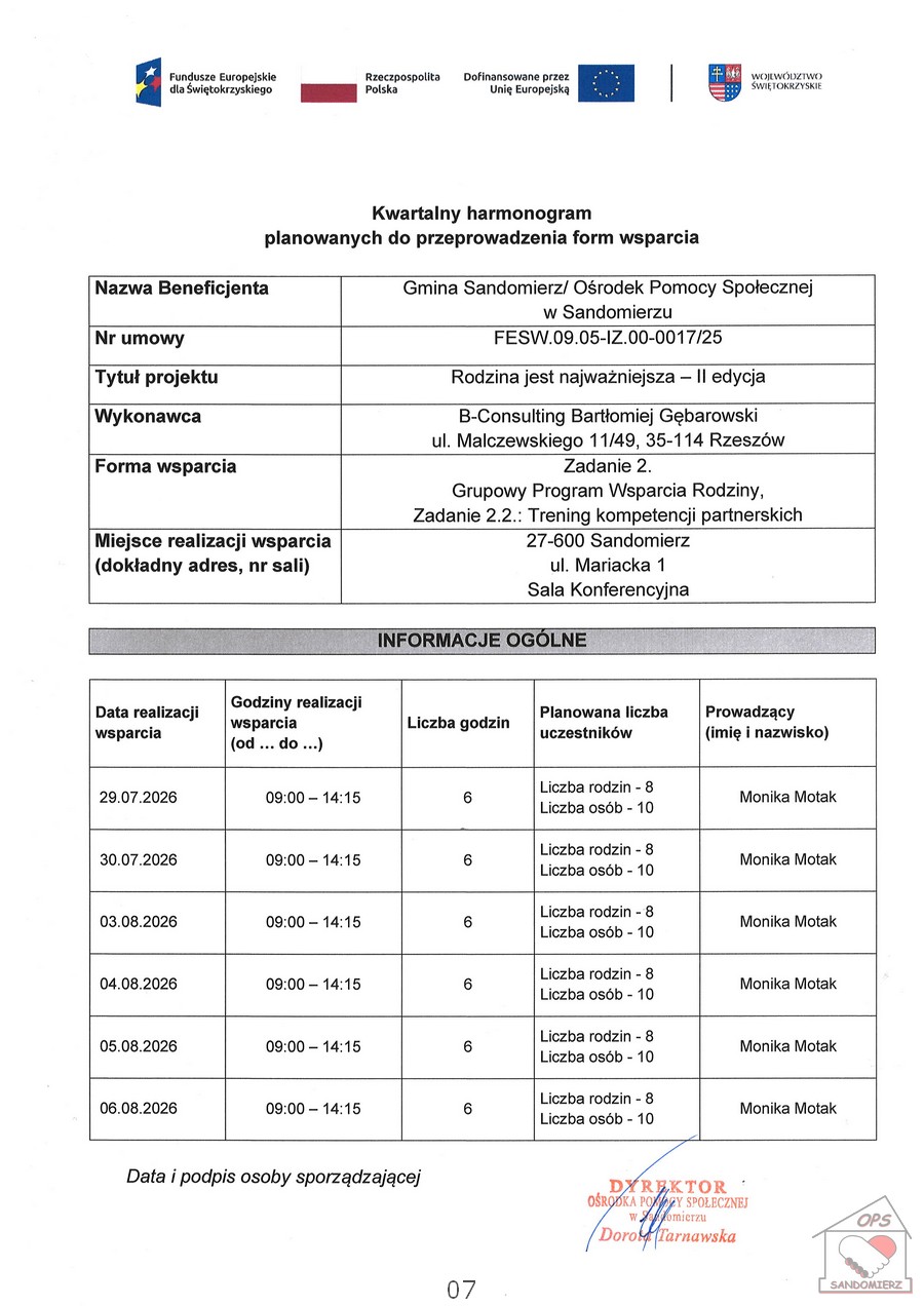 Kwartalny harmonogram planowanych do przeprowadzenia form wsparcia - Zadanie 2. Grupowy Program Wsparcia Rodziny, Zadanie 2.1 .: Trening kompetencji rodzicielskich